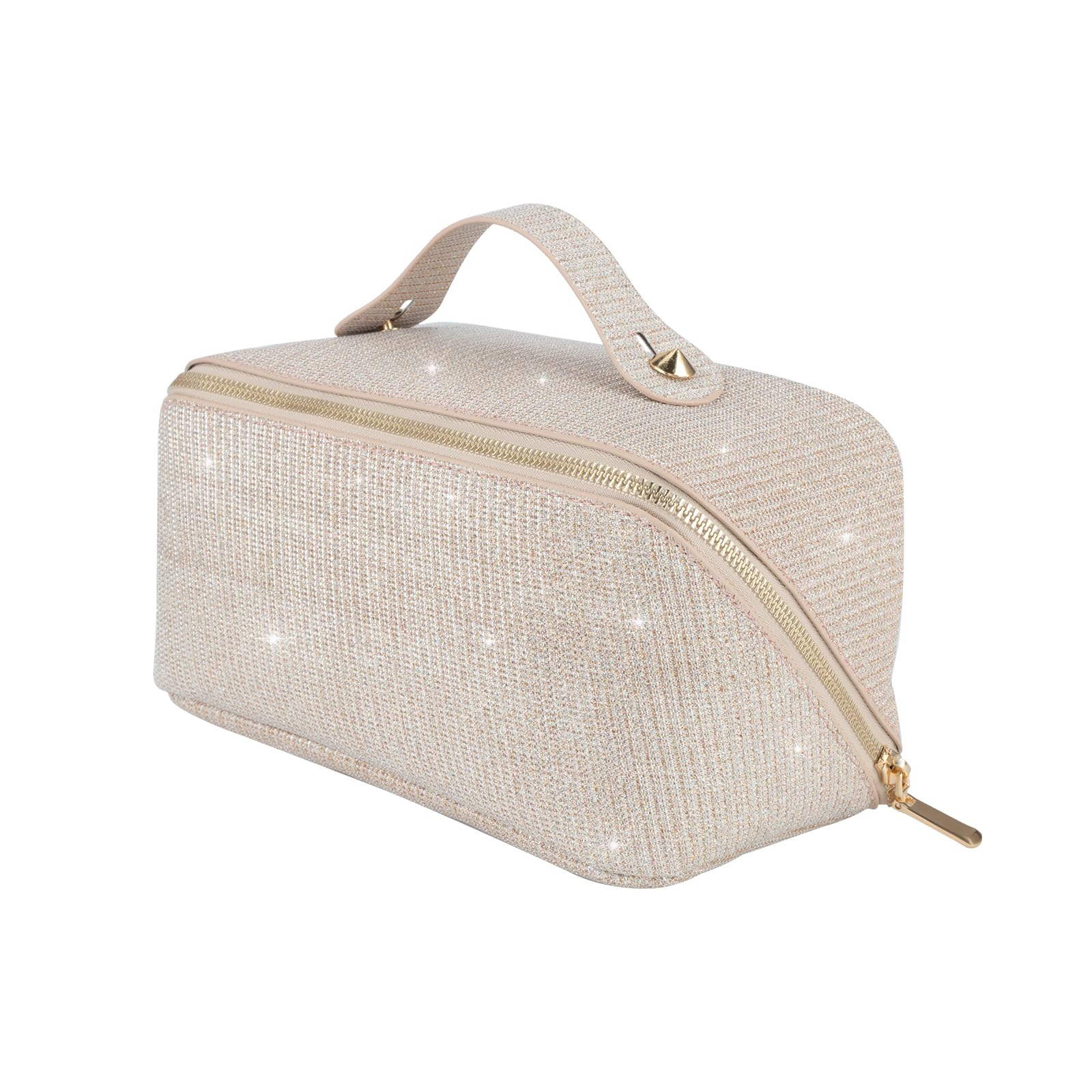 Sparkly Glitter Cosmetic Bag for Women - Large Capacity Travel Makeup Organizer with Handle, Perfect for Toiletries & Weekend Getaways (Apricot)