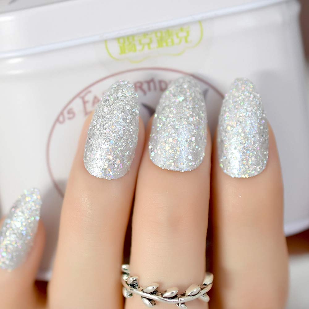24 Pack Unicorn Mix Glitter Press On Nails - Rainbow Chrome Silver Dust UV Fake Nails with Shimmer Pointed Tips | Perfect for Parties, Halloween, Cosplay & Special Occasions