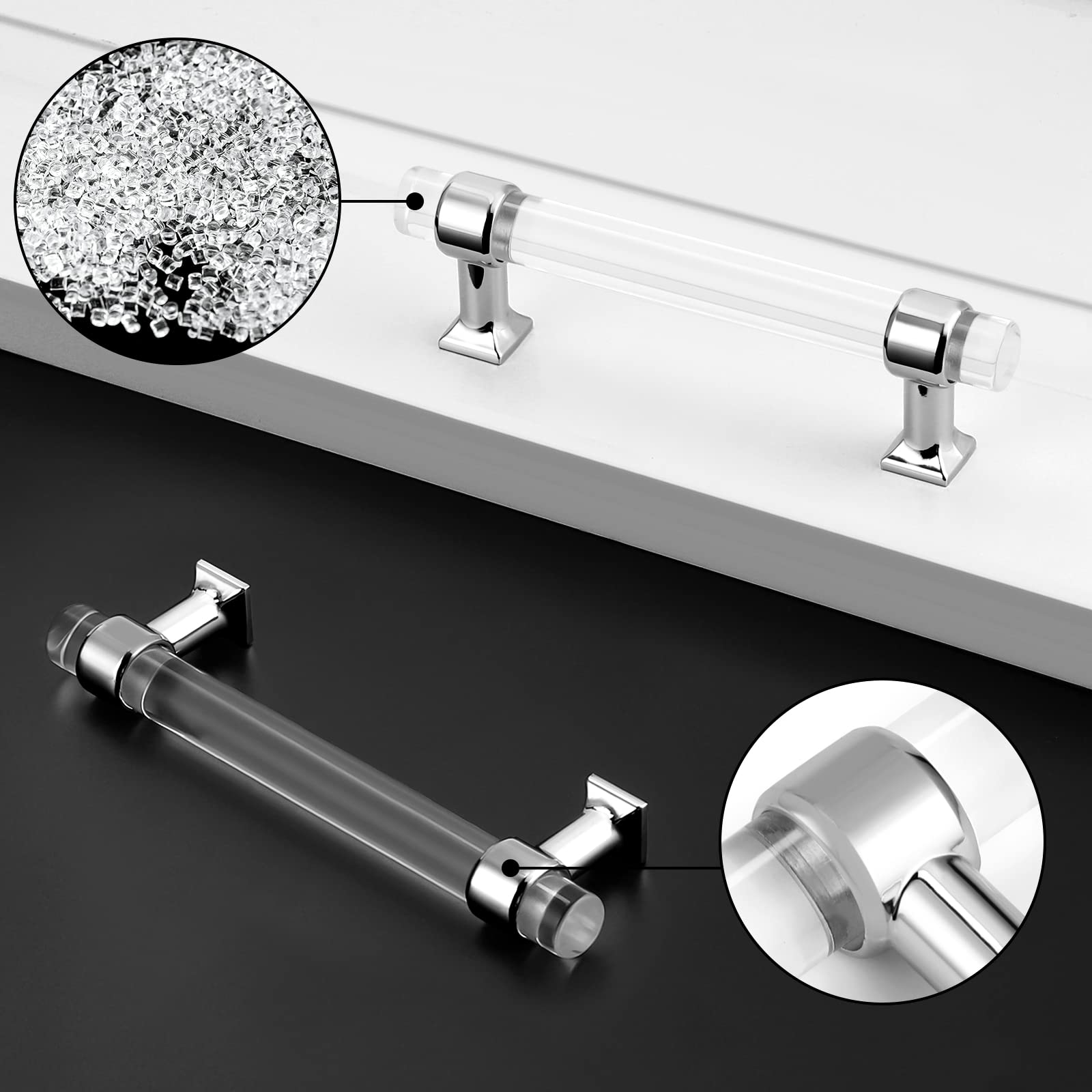 Probrico 5 Pack 4 Inch Zinc Alloy Cabinet Handles with Clear Acrylic - Modern Polished Chrome Drawer Pulls for Kitchen & Bathroom Cabinets - Perfect for Cabinet Upgrades, Home Renovation and DIY Projects