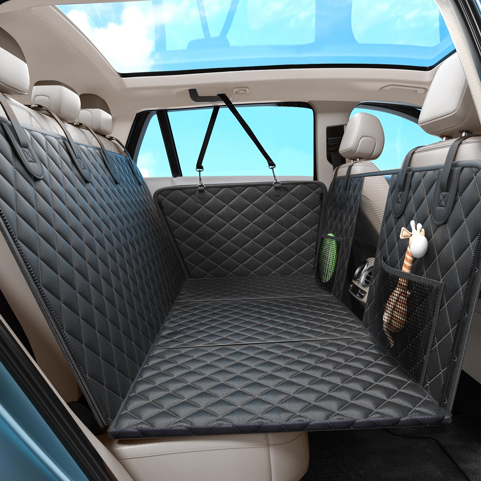 Waterproof Dog Car Seat Cover with Hard Bottom & Mesh Window - Heavy Duty Back Seat Extender for Dogs Holds 400lbs, SUV Pet Seat Protector with Storage Pockets | Perfect for Road Trips, Vet Visits & Outdoor Adventures