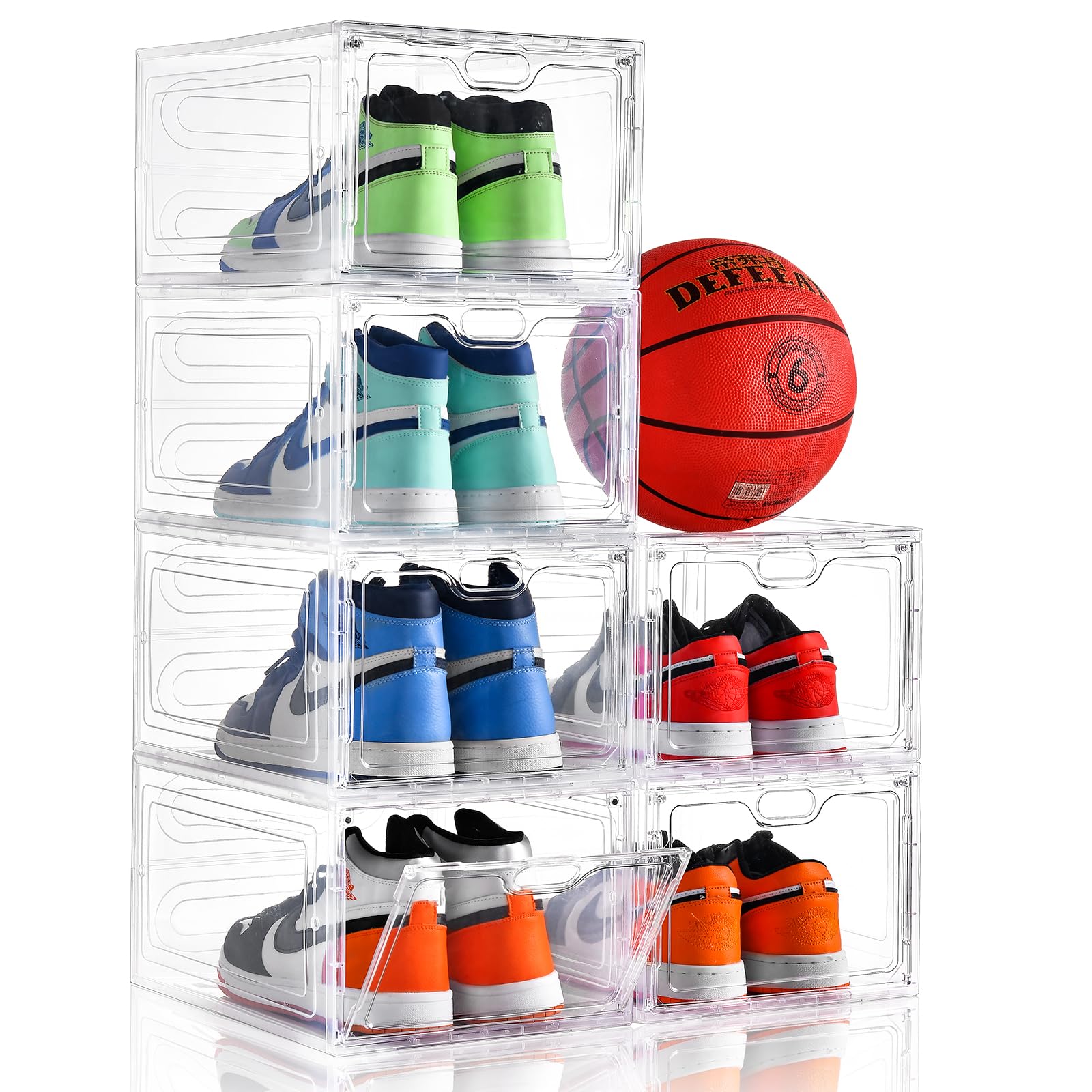 6 Pack Clear Large Shoe Storage Box with Magnetic Door - Stackable Shoe Organizer for Sneakers Display | Fits Up to US Size 12 | Easy Assembly | Perfect for Closet Organization, Bedroom Storage & Sneaker Collection Display