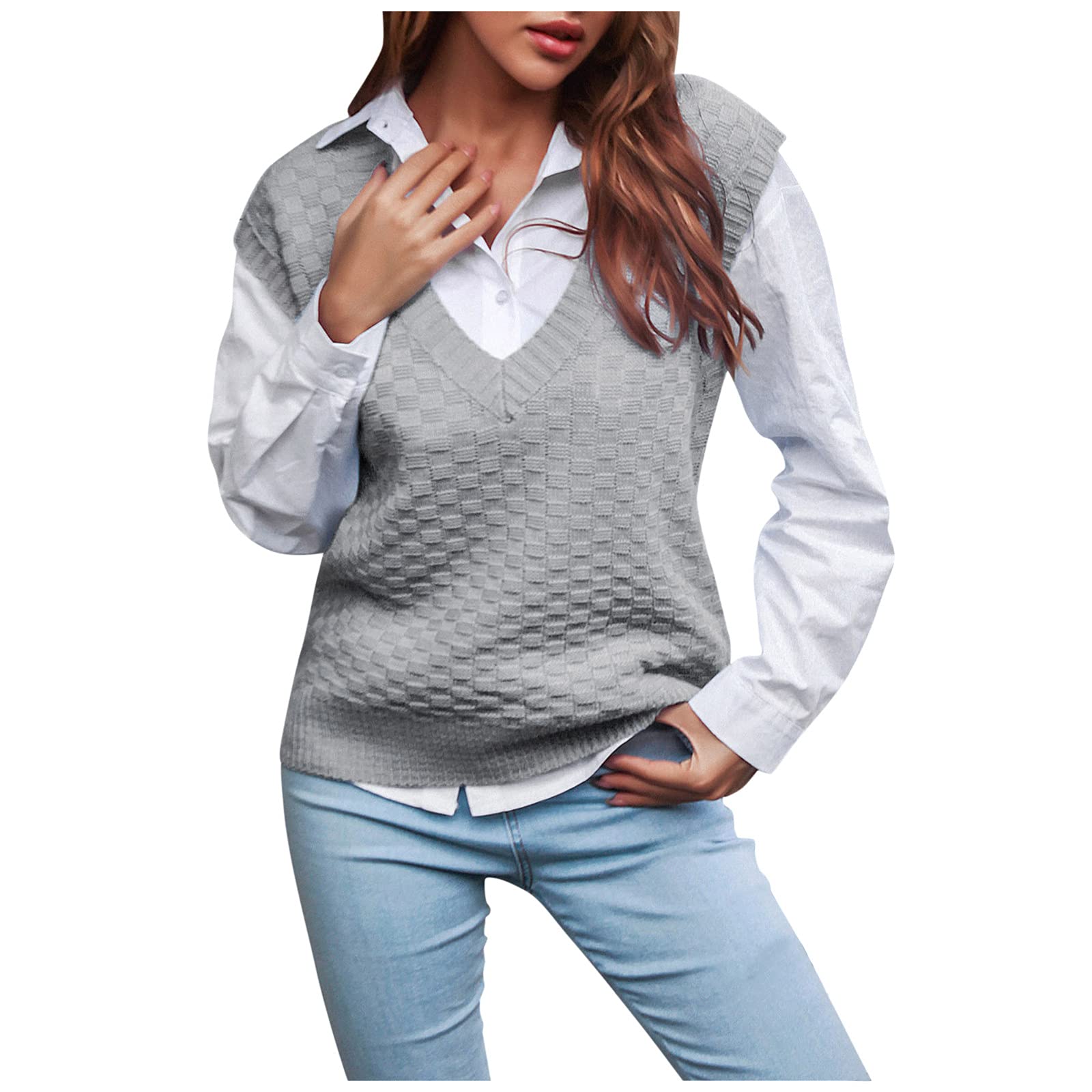 Women's Loose Knit Long Sleeve Crew Neck Pullover Sweater Vest - Cozy Casual Winter Top for Layering & Office Wear