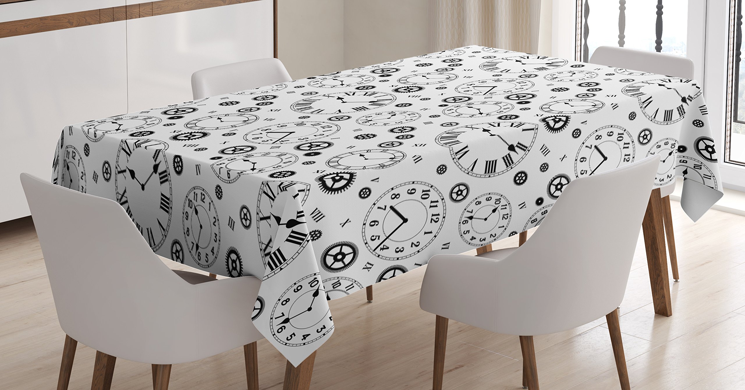 Ambesonne Clockwork Theme Tablecloth - Gears Roman Numeral Timer Design in Black & White, 52x70 Inch Rectangular Table Cover for Dining Room & Kitchen | Perfect for Steampunk Decor, Vintage Themed Parties, and Industrial Style Home Decor