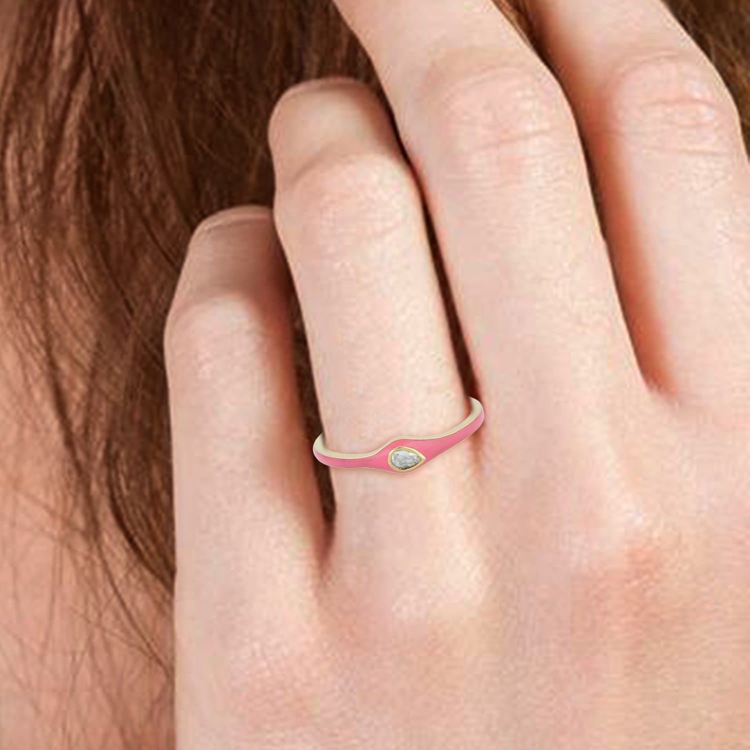 14K Yellow Gold Bezel Set Rose Cut Diamond Pink Enamel Band Ring for Women - Elegant Vintage Style Jewelry Gift for Anniversary, Valentine's Day & Special Occasions