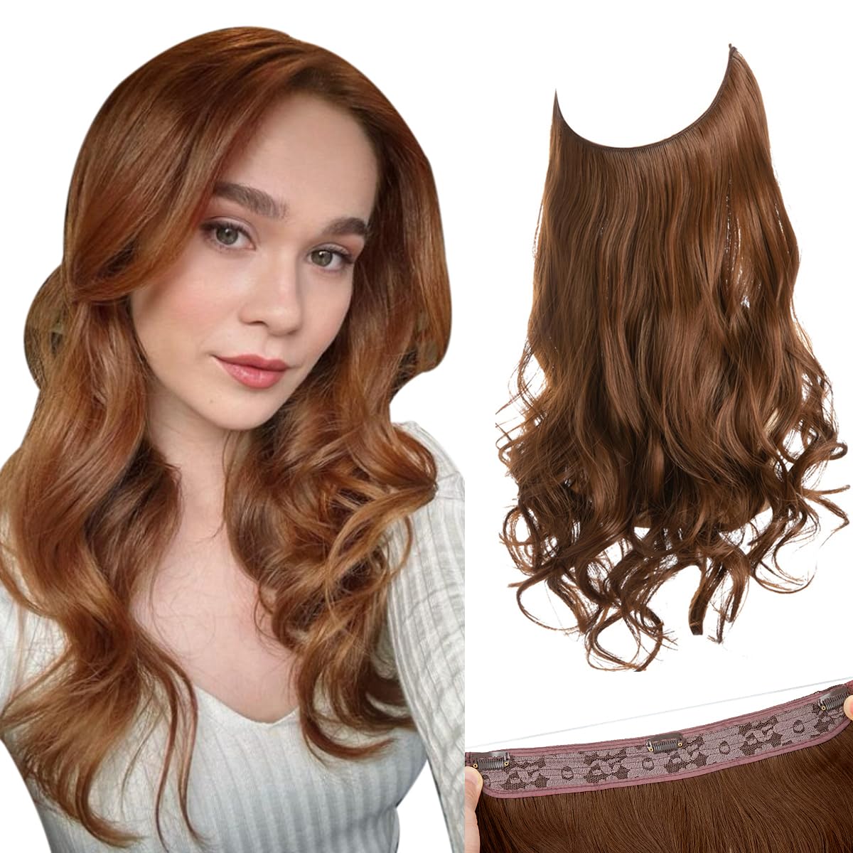 SARLA Invisible Wire Hair Extensions - 16 Inch Light Auburn Synthetic Wavy Curly Hairpiece with 3 Clips & Adjustable Transparent Headband for Women | Perfect for Daily Styling, Parties & Special Occasions