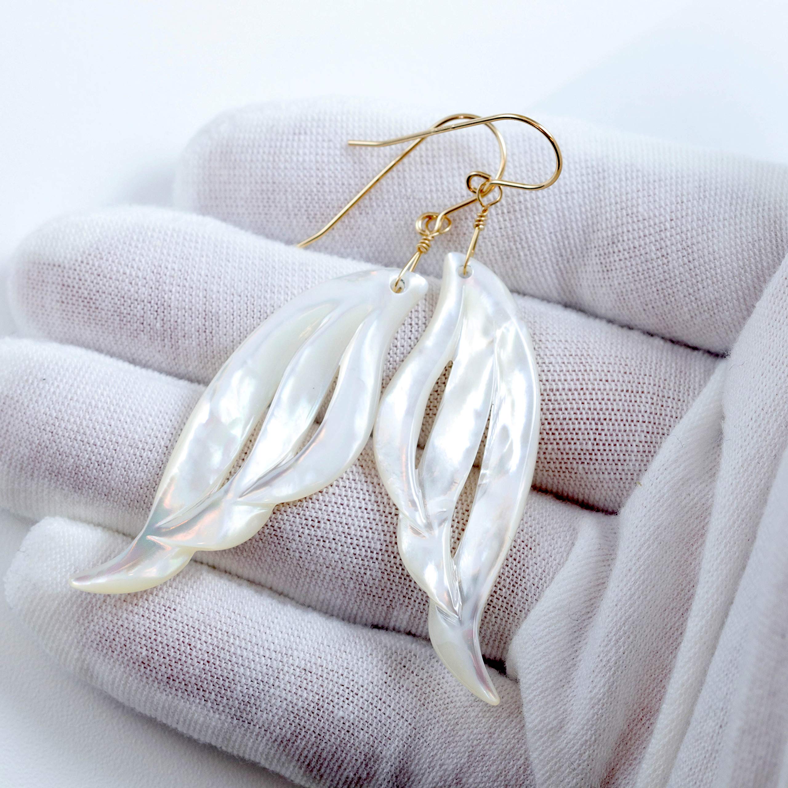 Exquisite White Mother of Pearl Earrings - Hand-Carved Extra Large MOP Wing Design (2.6