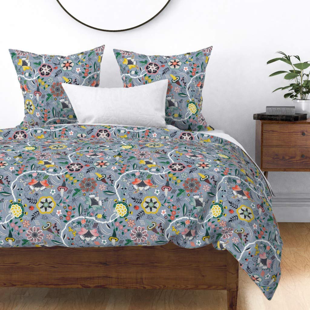 Custom Spoonflower Cotton Sateen Duvet Cover King/California King - Vintage Floral Garden Print with Ladybugs, Butterflies & Dragonflies | Luxury Bedding for Master Bedroom, Guest Room & Bohemian Decor