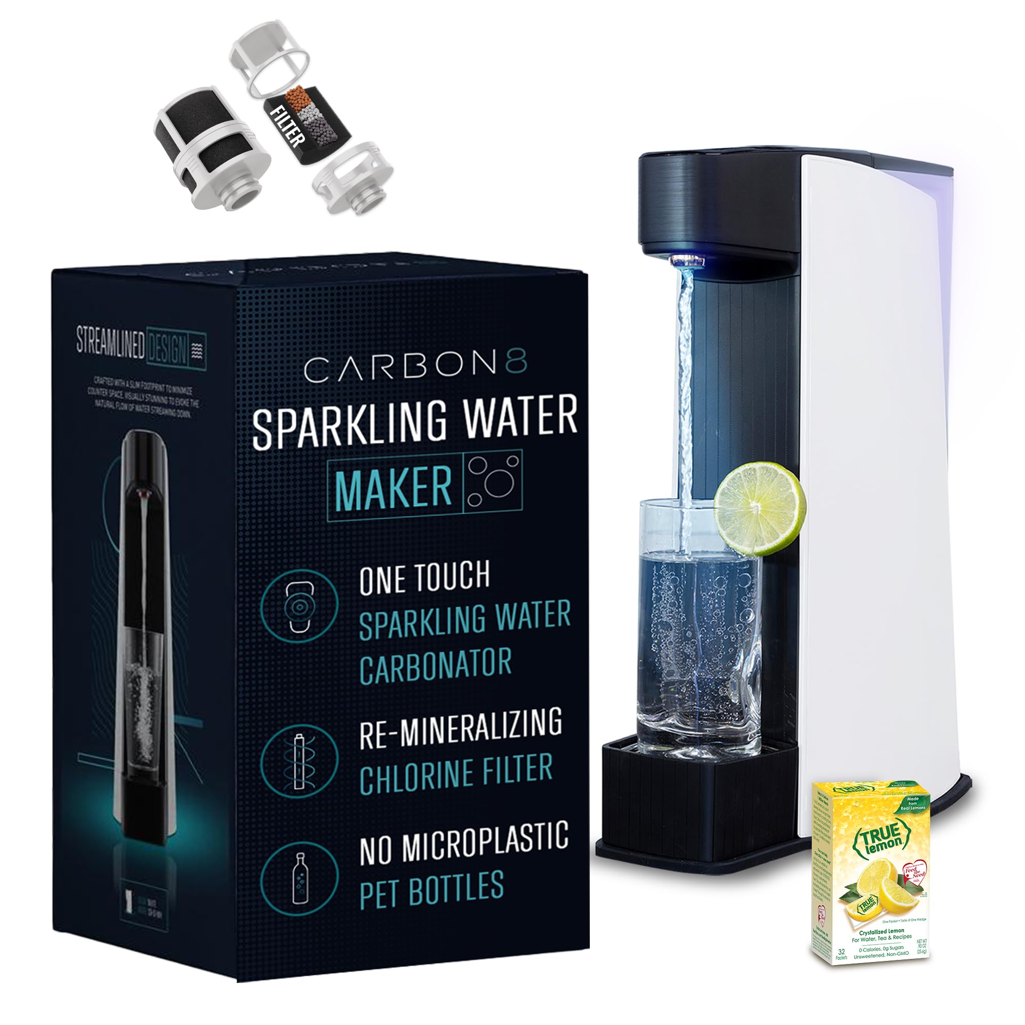 Carbon8 Sparkling Water Maker Machine - Home Soda Stream with Screw-In CO2 Carbonator | Countertop Water Mineralizer & Seltzer Maker (CO2 Cylinder Not Included) | Perfect for Healthy Hydration, Parties & Eco-Friendly Home Use - White