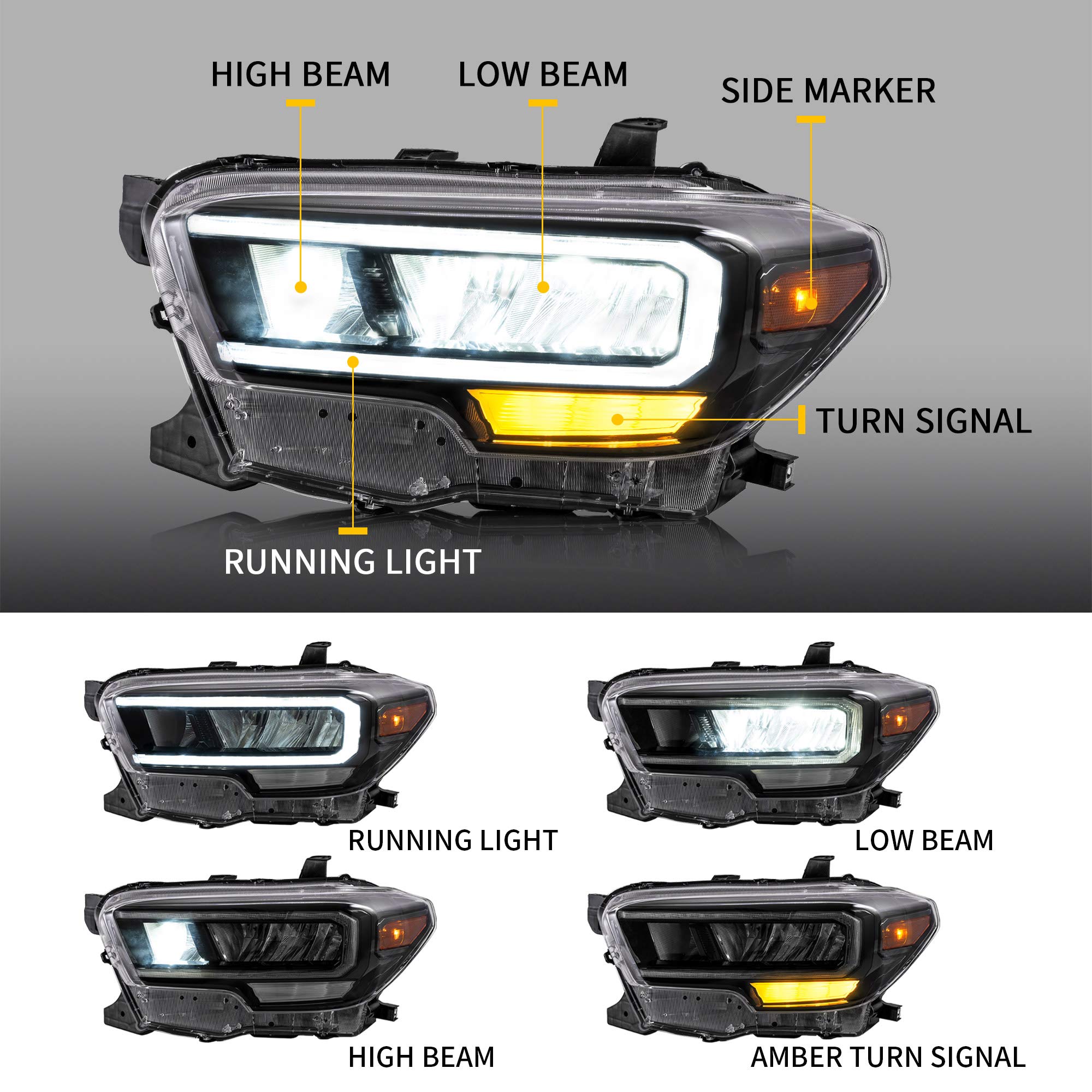 VLAND Full LED Projector Headlights for Toyota Tacoma 2016-2019 - High Performance Front Lamps Assembly with Welcome Light, LED DRL, HI/LO Beam Lens & Amber Side Markers (Reflective Bowl) - Perfect for Off-Roading, Night Driving & Car Customization
