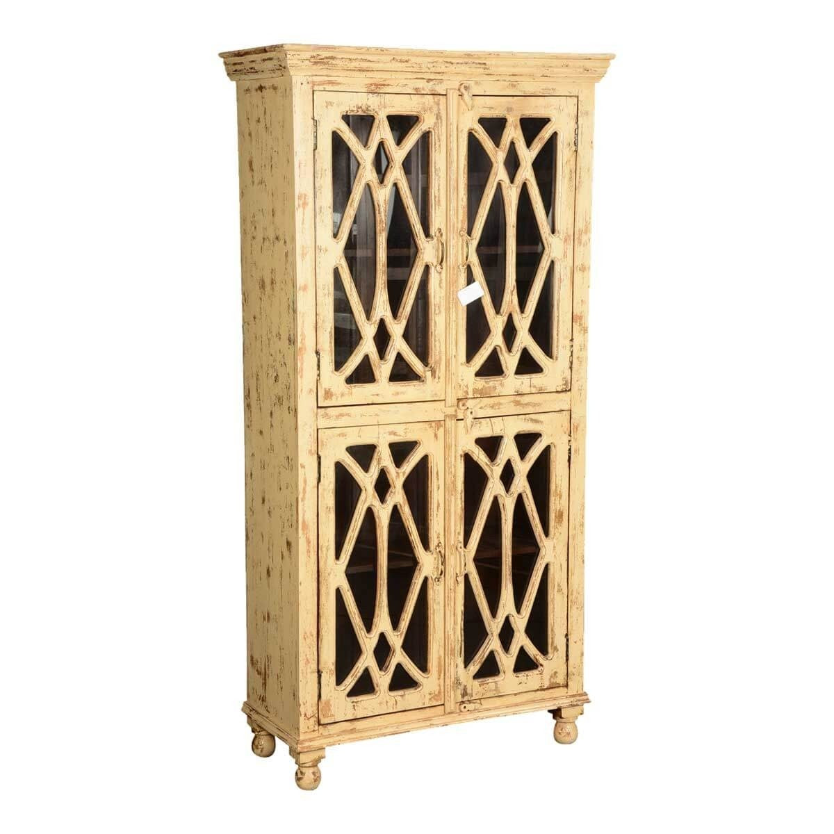 French Arched Diamond Grill Distress Mango Wood Display Cabinet Armoire With Shelves - Vintage Home Decor for Living Room, Bedroom & Dining Room Storage