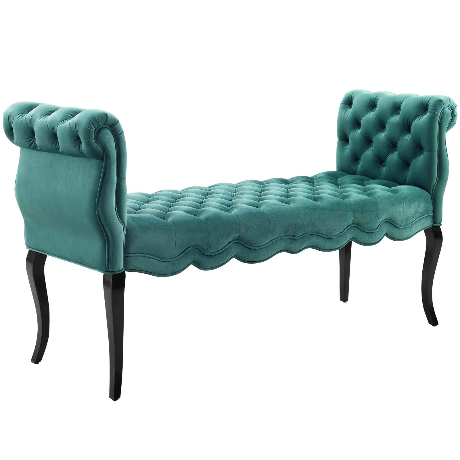 Modway Adelia Chesterfield Style Performance Velvet Entryway Bench in Teal - Mid-Century Modern Upholstered Sofa Bench for Hallway, Bedroom & Living Room - Comfortable Seating with Storage Space