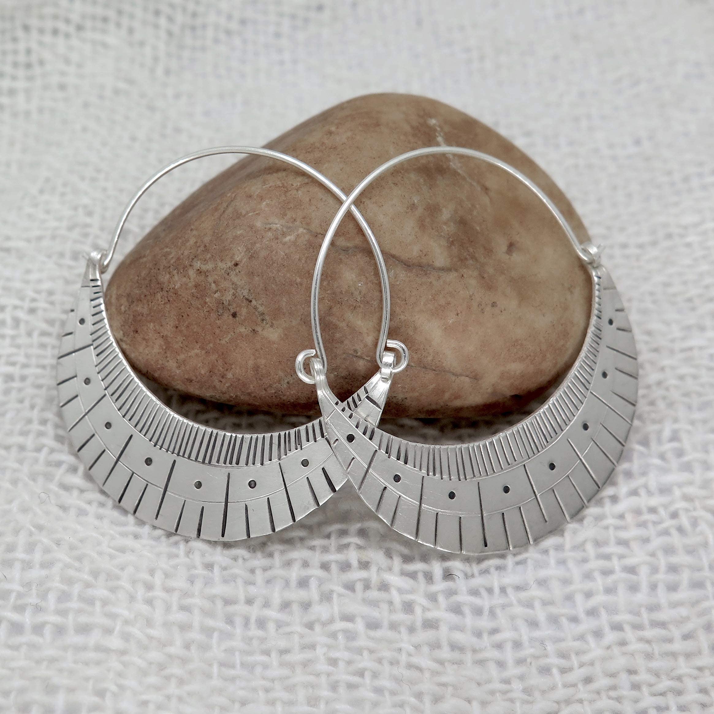 Handmade Sterling Silver Large Boho Statement Crescent Moon Hoop Earrings with Geometric Pattern Engraving | Unique Boho Chic Jewelry for Women | Perfect for Festivals, Parties & Everyday Wear