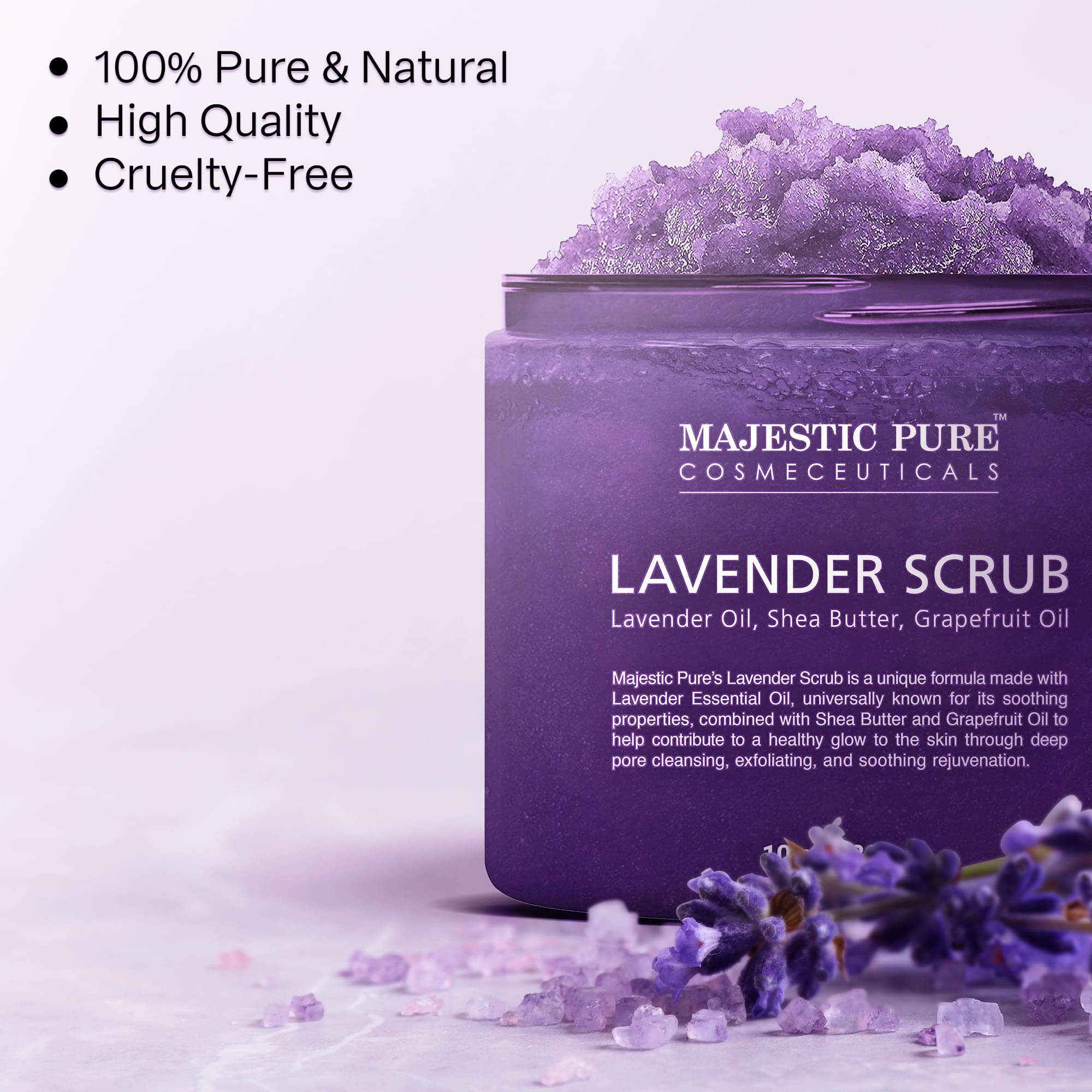 Majestic Pure Lavender Oil Body Scrub with Shea Butter & Grapefruit Oil - Exfoliating & Moisturizing Skin Care for Acne Treatment - 10 oz - Perfect for Spa Day, Dry Skin Relief & Self-Care Routine