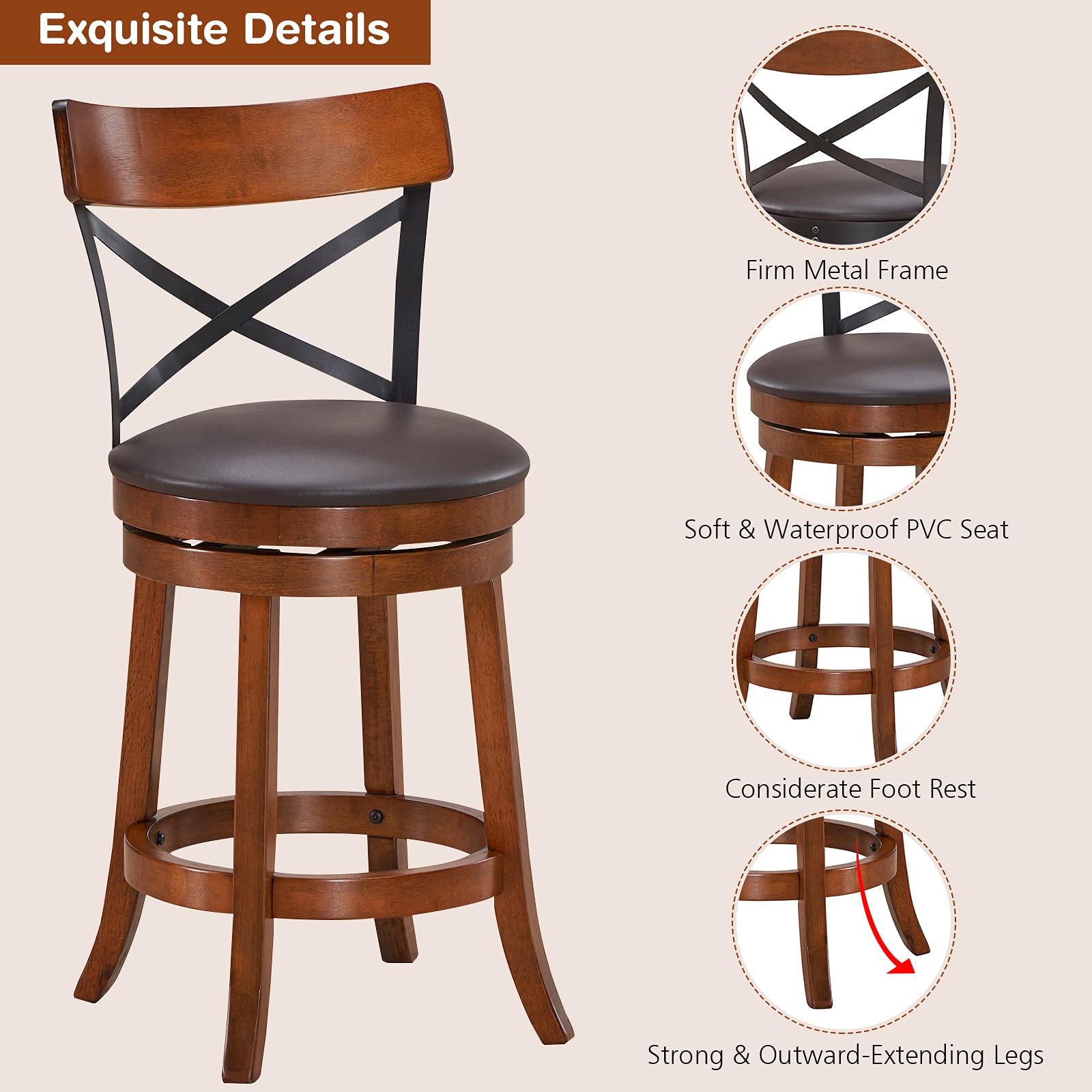 COSTWAY 4-Piece Bar Stool Set - 360° Swivel Solid Wood Bar Stools with Soft Cushion & Backrest, 25