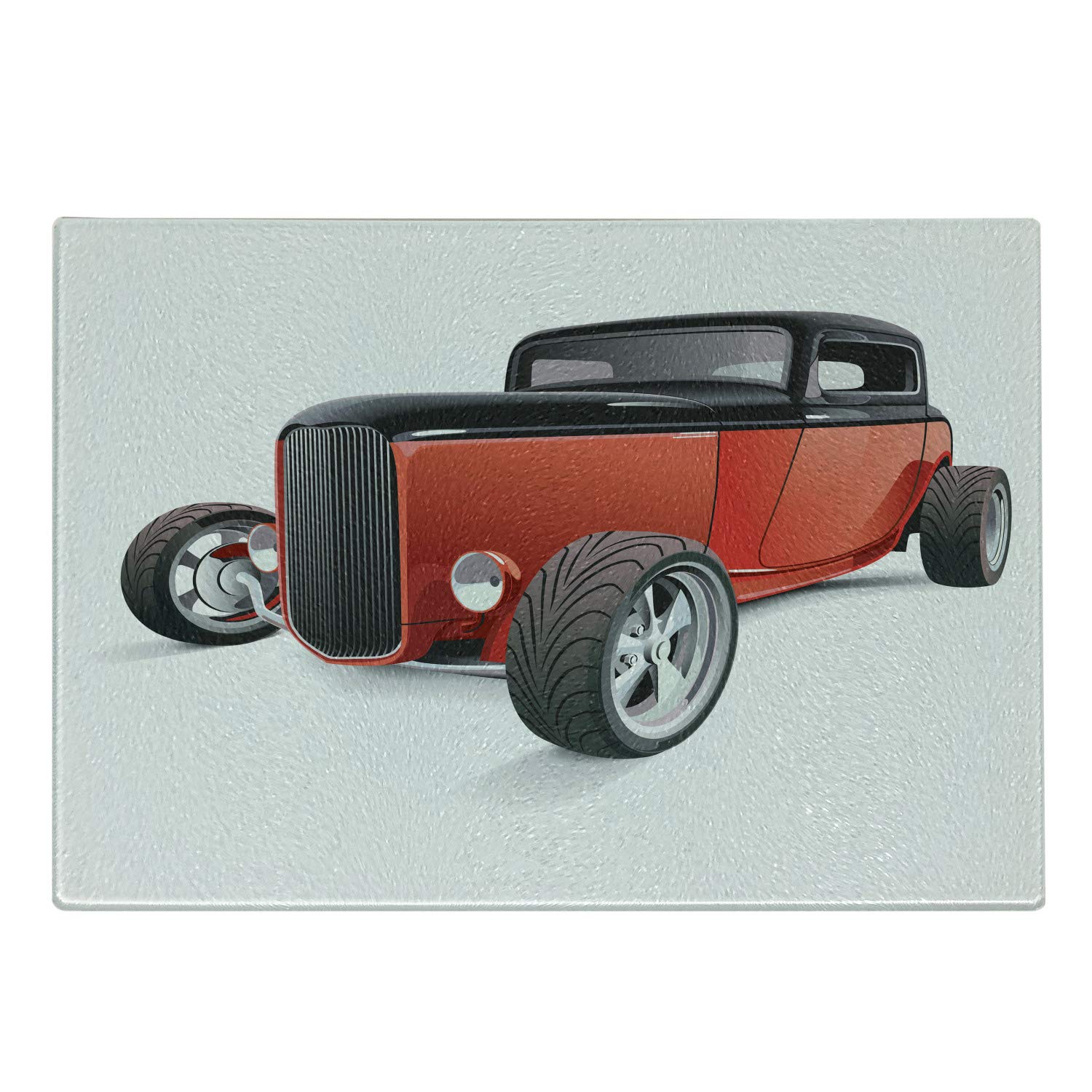 Ambesonne Vintage Car Themed Tempered Glass Cutting Board - Nostalgic Red Hot Rod Retro American Culture Design, Decorative Serving Tray for Kitchen & Dining | Perfect for Entertaining, Cheese Platters & Home Decor