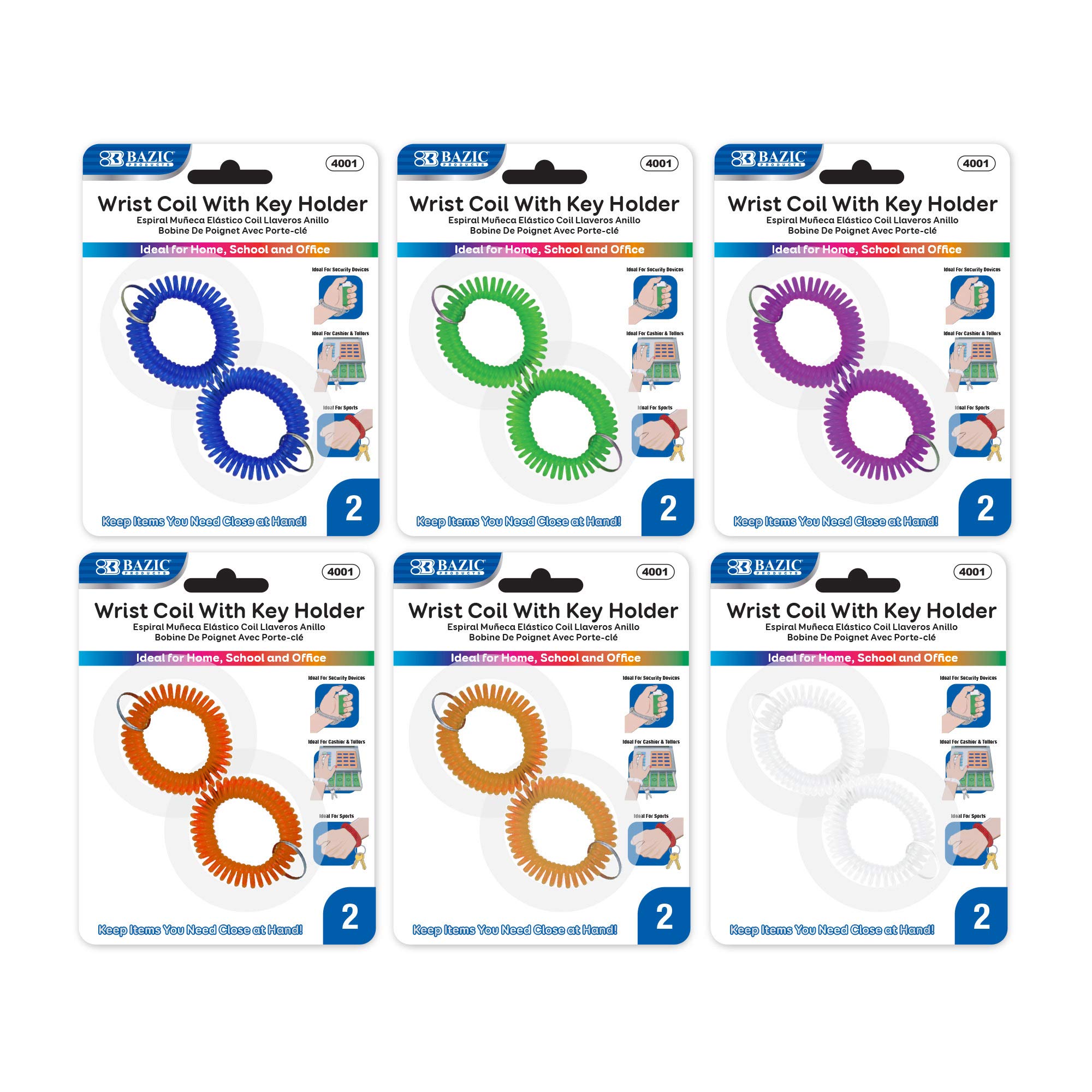 BAZIC Stretchy Wrist Key Holder Bracelet - Flexible Coil Keychain for Gym, Pool & ID Badges (2-Pack, Assorted Colors) - Perfect for Active Lifestyles & Hands-Free Convenience
