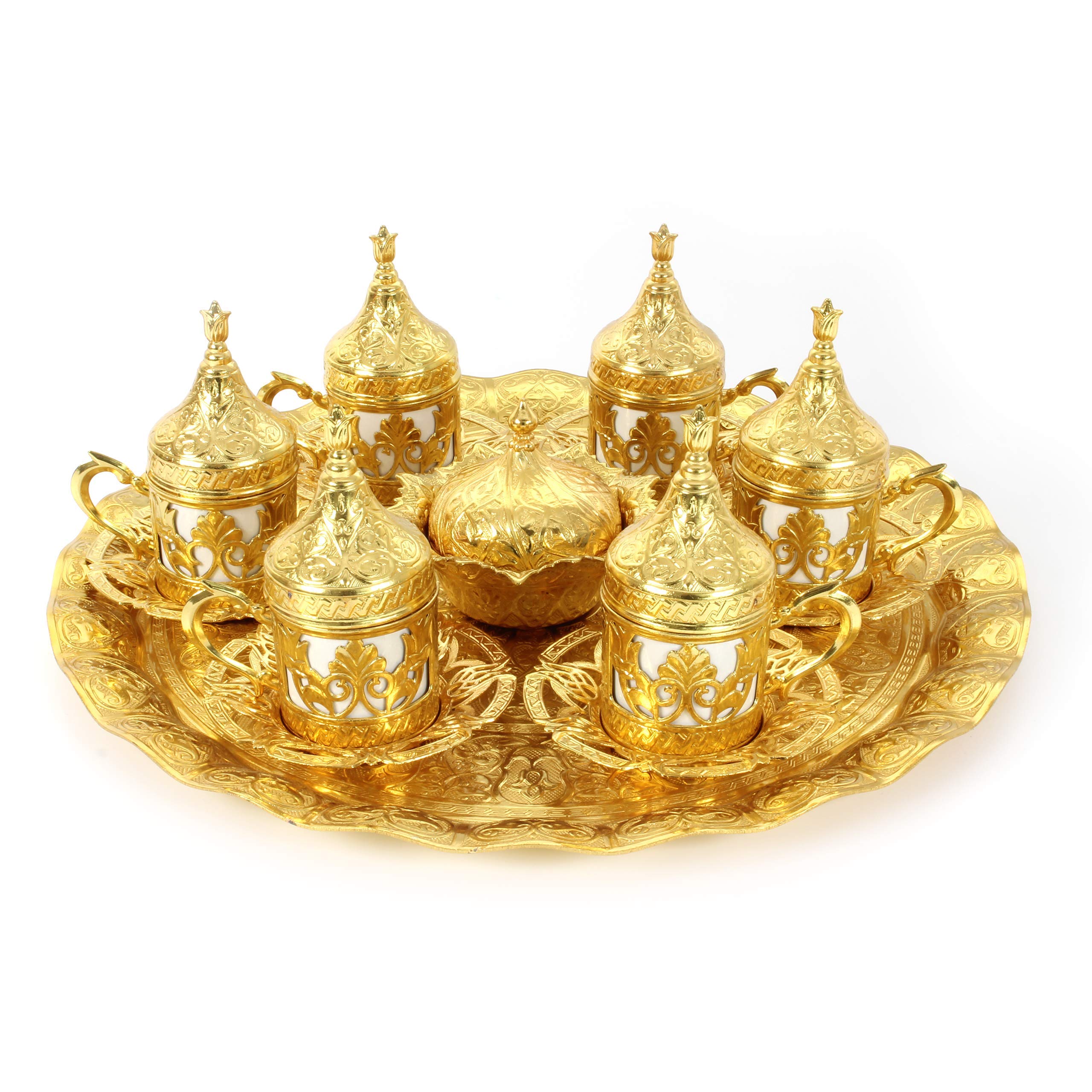27-Piece Handmade Turkish Coffee Set with Gold Zamak Cups, Saucers, Sugar Bowl & Tray - 6-Person Espresso & Tea Serving Set - Perfect for Home Entertaining, Gift Giving & Traditional Coffee Ceremonies (CS6-203)