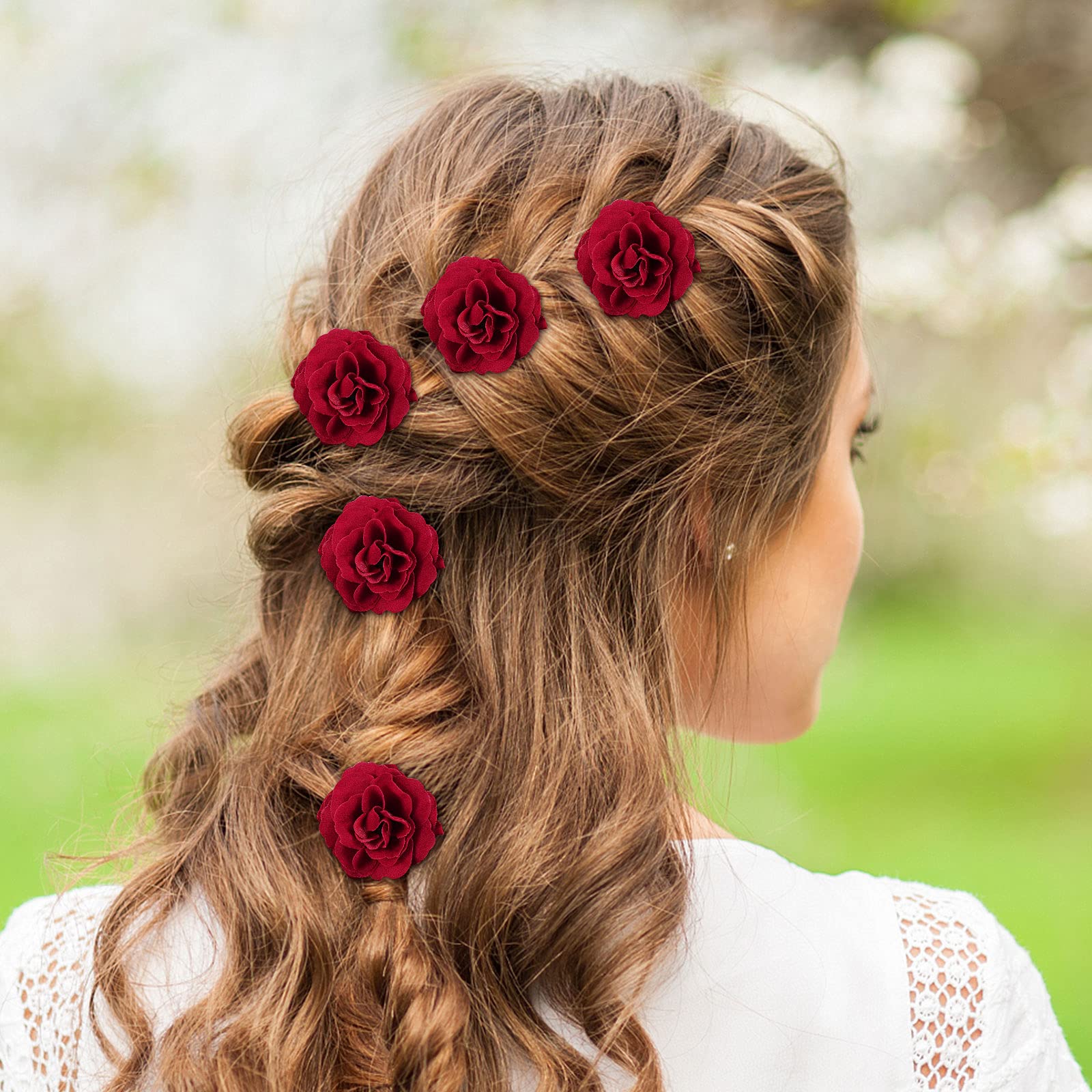 Lurrose 6pcs Red Rose U-Shaped Hair Pins - Bridal Hair Sticks for Wedding, Bridesmaid Hair Accessories, Updo Hair Clips - Perfect for Weddings, Prom, Parties & Special Occasions