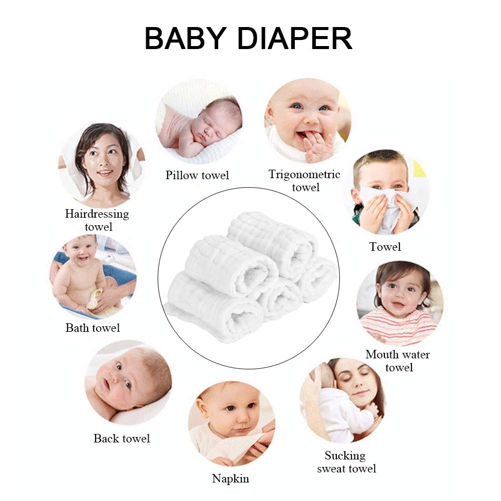 5 Pack Soft Cotton Baby Diapers - Breathable & Washable Reusable Cloth Nappies for Newborns & Toddlers (White) - Perfect for Bathing, Hair Care & Multi-Purpose Infant Use
