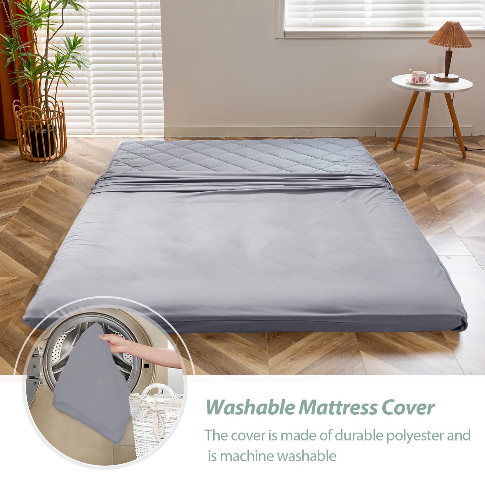 MAXYOYO Japanese Floor Futon Mattress - Diamond Pattern Roll Up Folding Bed for Adults & Guests, Grey | Portable Floor Sleeping Mat for Small Spaces, Camping & Travel