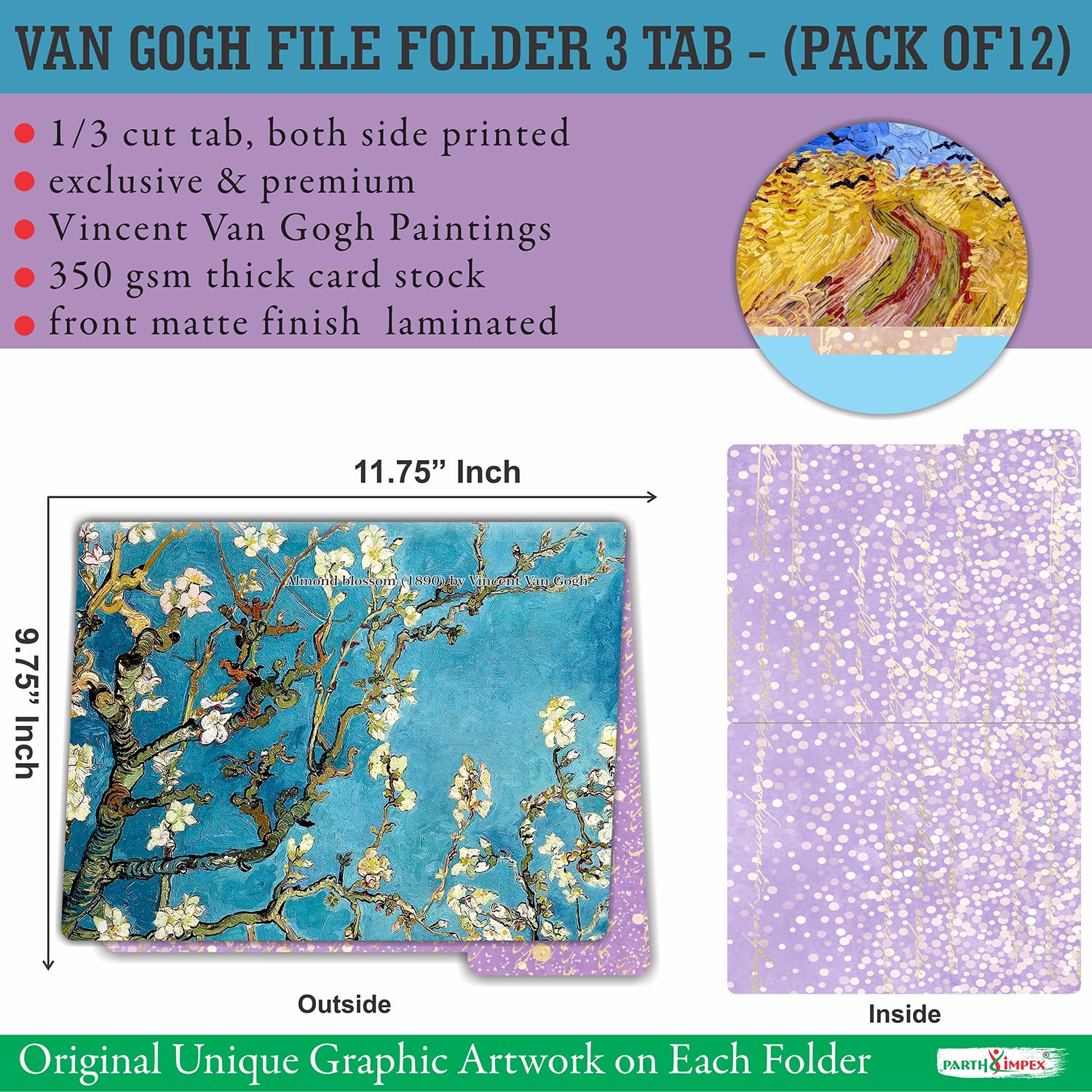 12 Pack Vincent Van Gogh Decorative File Folders - 1/3 Cut Tab Letter Size (9.75” x 11.75”) Matte Laminated Office & School Supplies - Perfect for Document Organization, Art-Inspired Workspaces, and Creative Home Offices