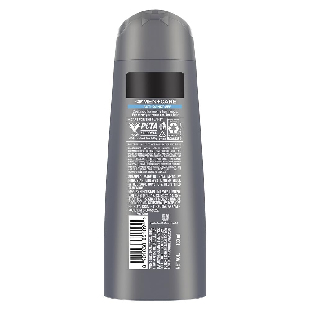 Dove Men+Care Anti Dandruff 2-in-1 Shampoo and Conditioner, 180ml - Hydrating Scalp Care for Men with Flakes & Itch Relief - Perfect for Daily Hair Wash & Grooming Routine