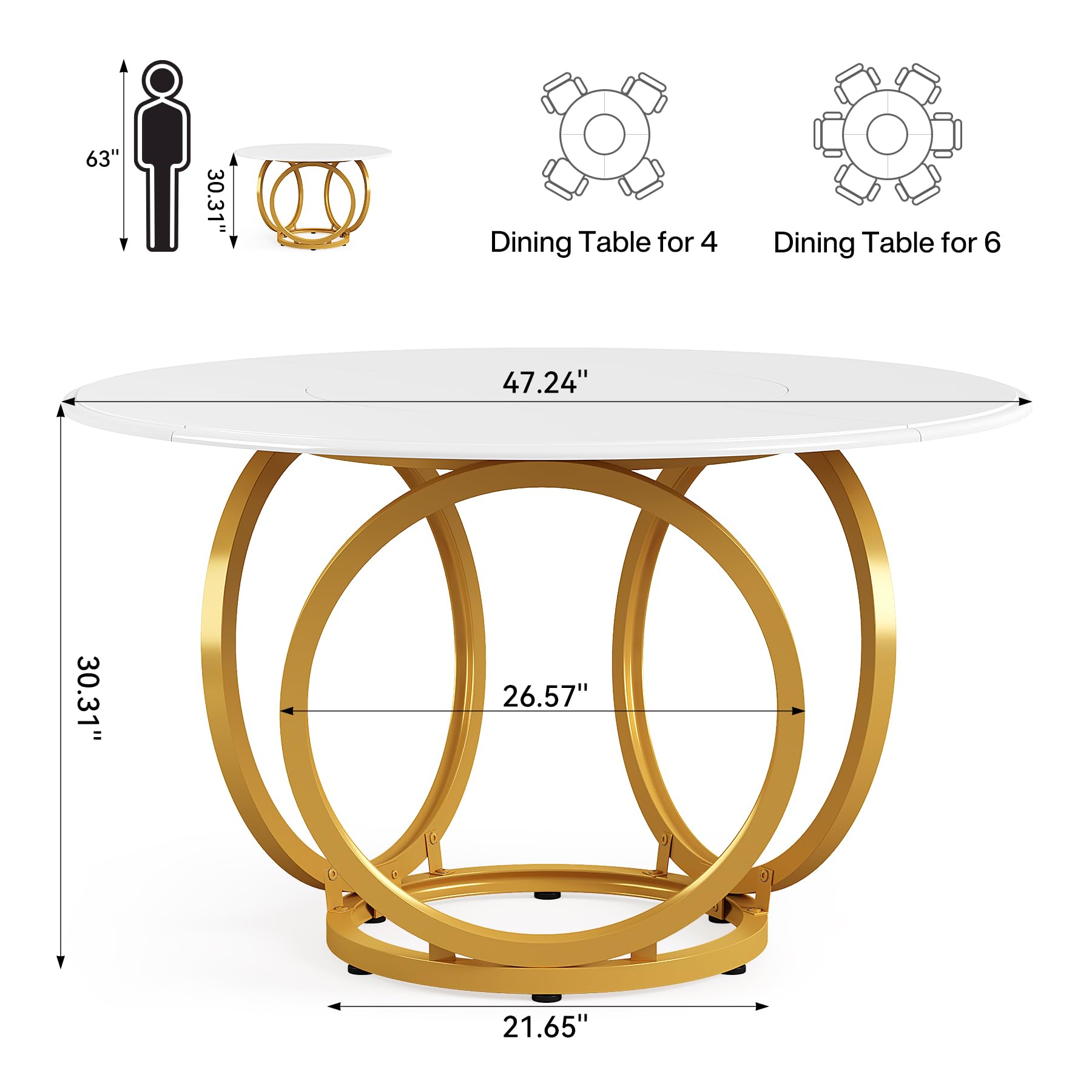 Modern White Round Dining Table for 4 - 47 Inch Kitchen Table with Gold Metal Base | Perfect for Small Spaces, Breakfast Nooks & Contemporary Dining Rooms
