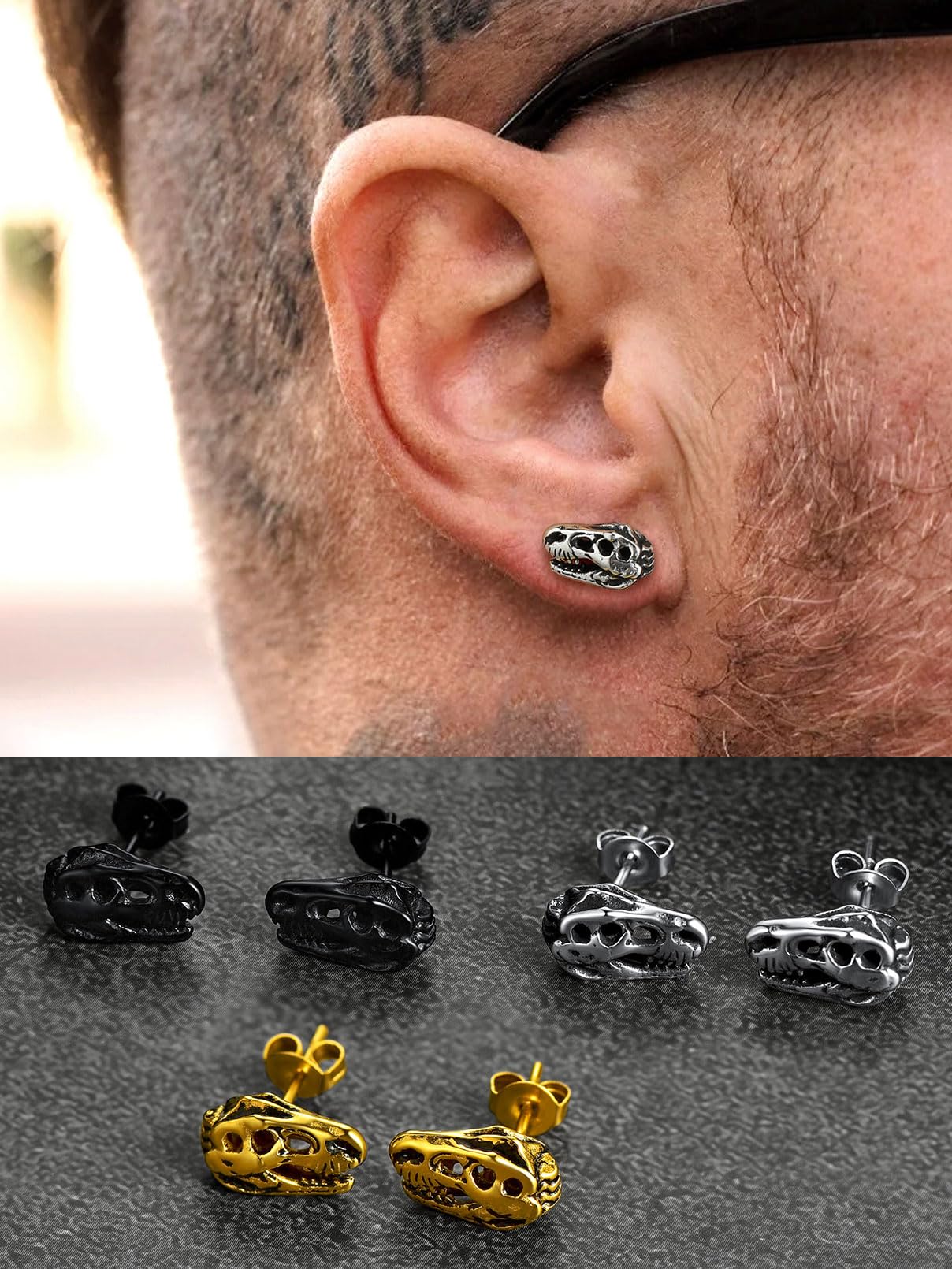 FaithHeart Viking Animal Huggie Hoop Earrings for Men - Gothic Dragon, Snake, Dinosaur & Wolf Stainless Steel Stud Earrings | Hypoallergenic, Lightweight Punk Rock Jewelry Gift for Everyday Wear & Special Occasions