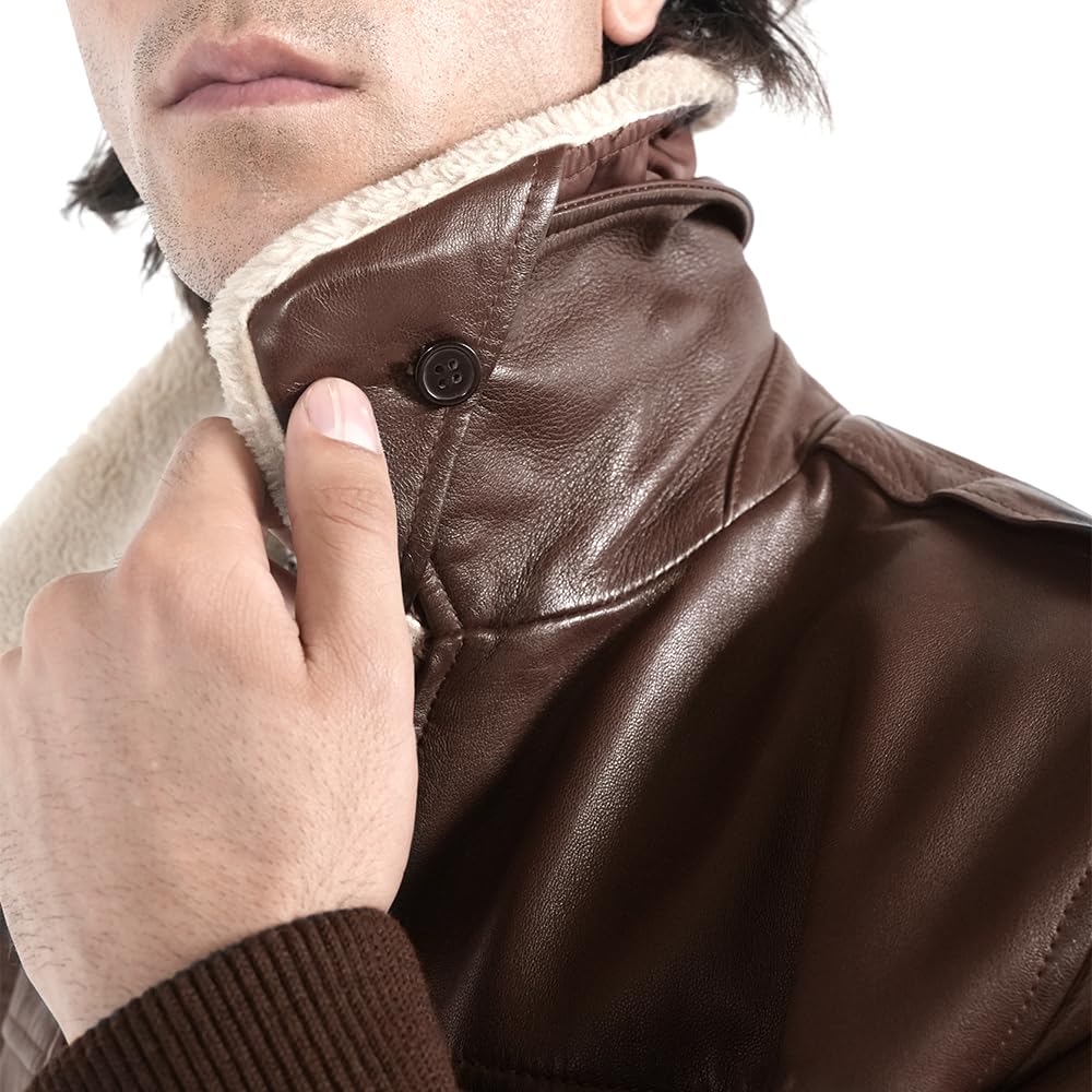 Genuine Lambskin Bomber Jacket for Men - Premium Brown Leather Jacket with Removable Sherpa Collar | Stylish Outerwear for Casual Wear, Motorcycle Riding & Winter Fashion