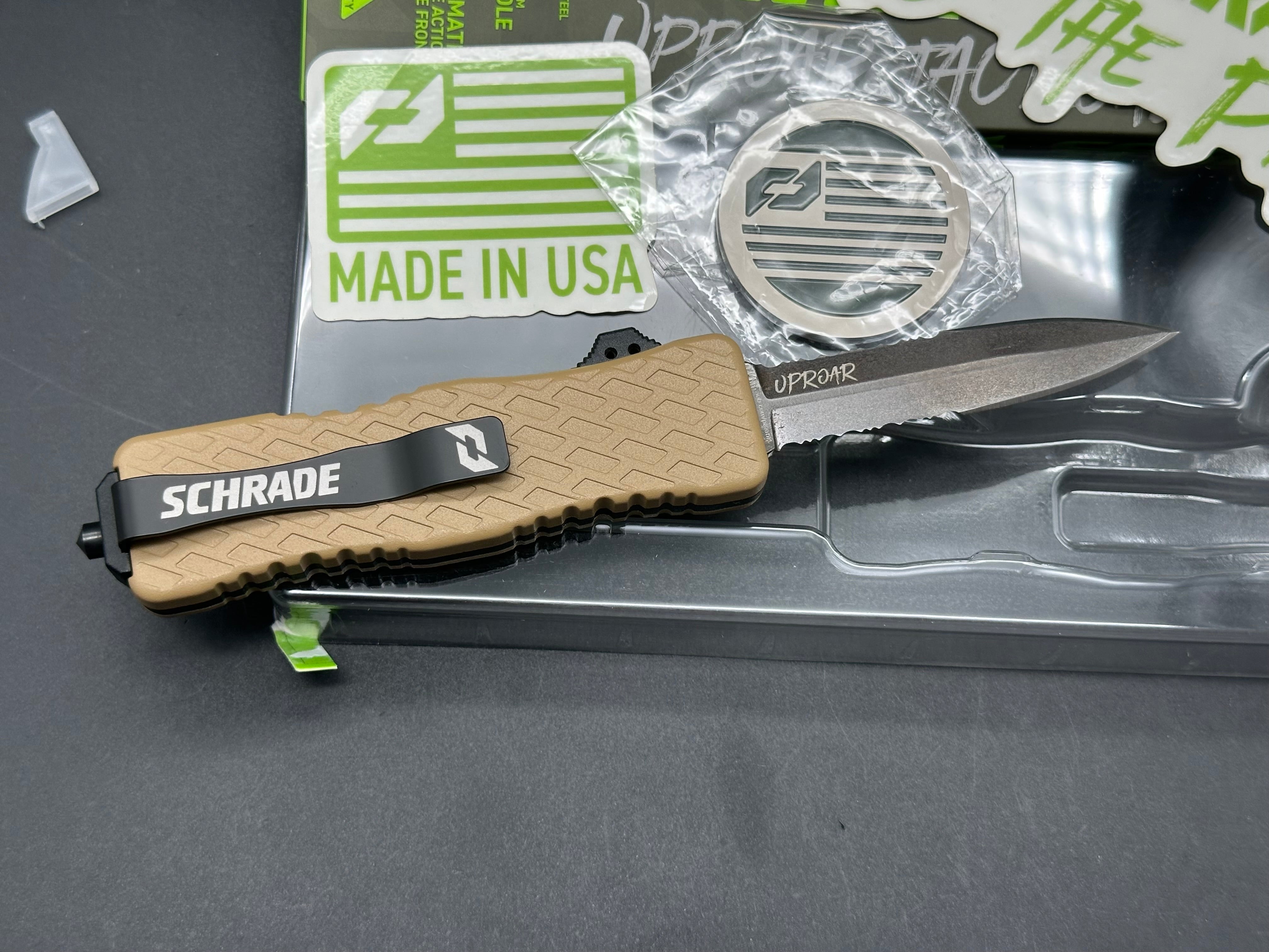 Schrade Uproar Dagger D/A OTF Automatic Knife - FDE Aluminum Handle with 3 Black D2 Serrated Blades - Tactical EDC Knife for Outdoor Camping, Survival & Self Defense