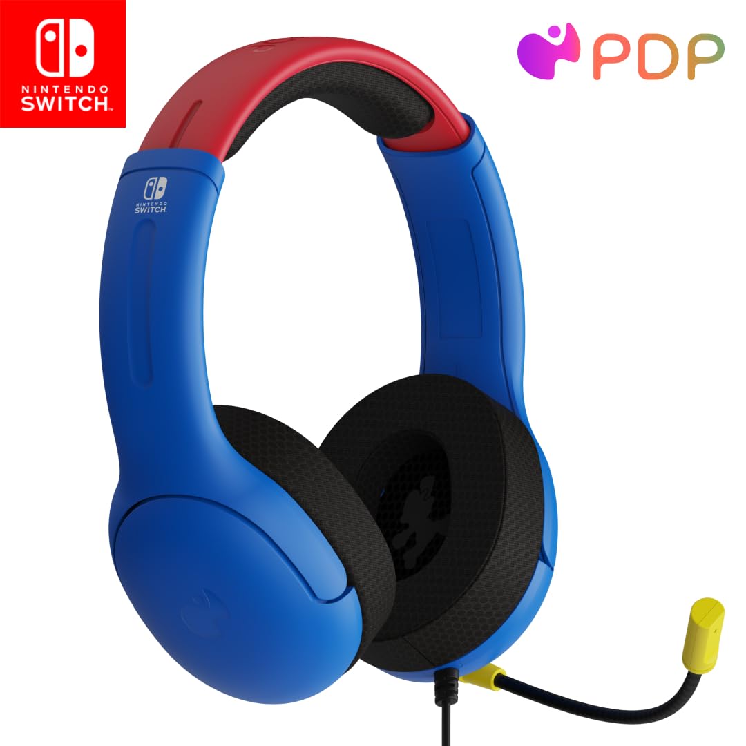 PDP Gaming AIRLITE Stereo Headset with Noise Cancelling Mic for Nintendo Switch/Switch Lite/OLED - Lightweight Wired Gaming Headphones with 3.5mm Jack, Soft Ear Cushions (Mario Dash Blue) - Perfect for Gaming, Online Classes & Remote Work