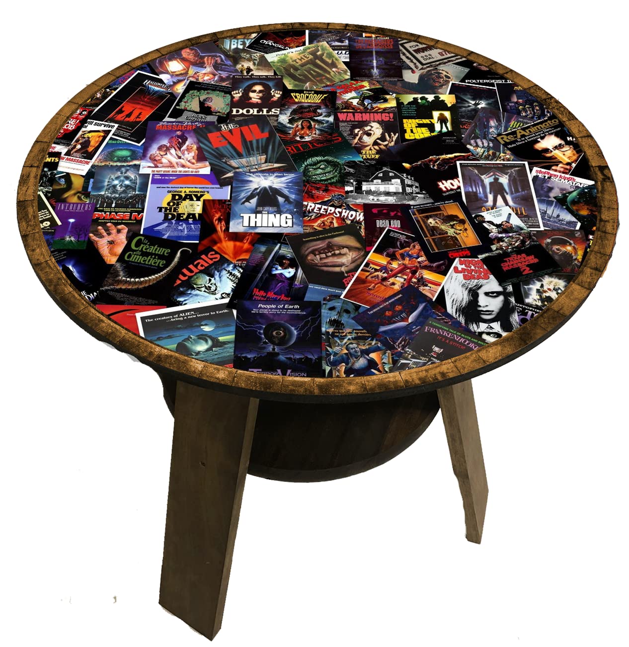 Scary Horror Movies Themed End Table - 22 Inch Round Bar Pub Bedroom Side Table with Shelf - Perfect for Horror Fans, Home Theater Rooms & Man Caves