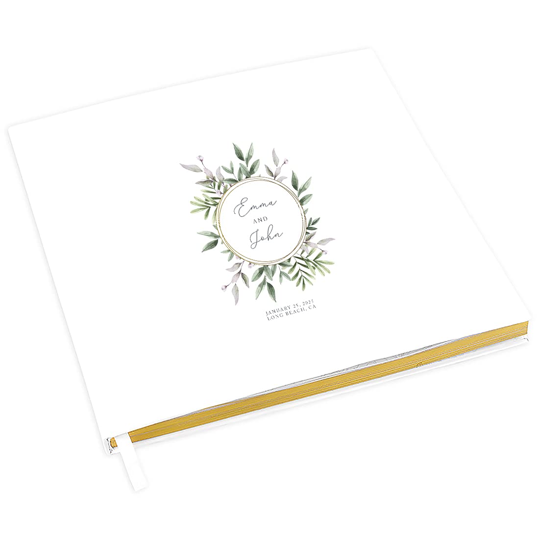 Personalized Wedding Guest Book with Gold Foil Accents - Modern Round Leaf Wreath Design - 120 Page White Guest Registry Sign-in Book (8.5