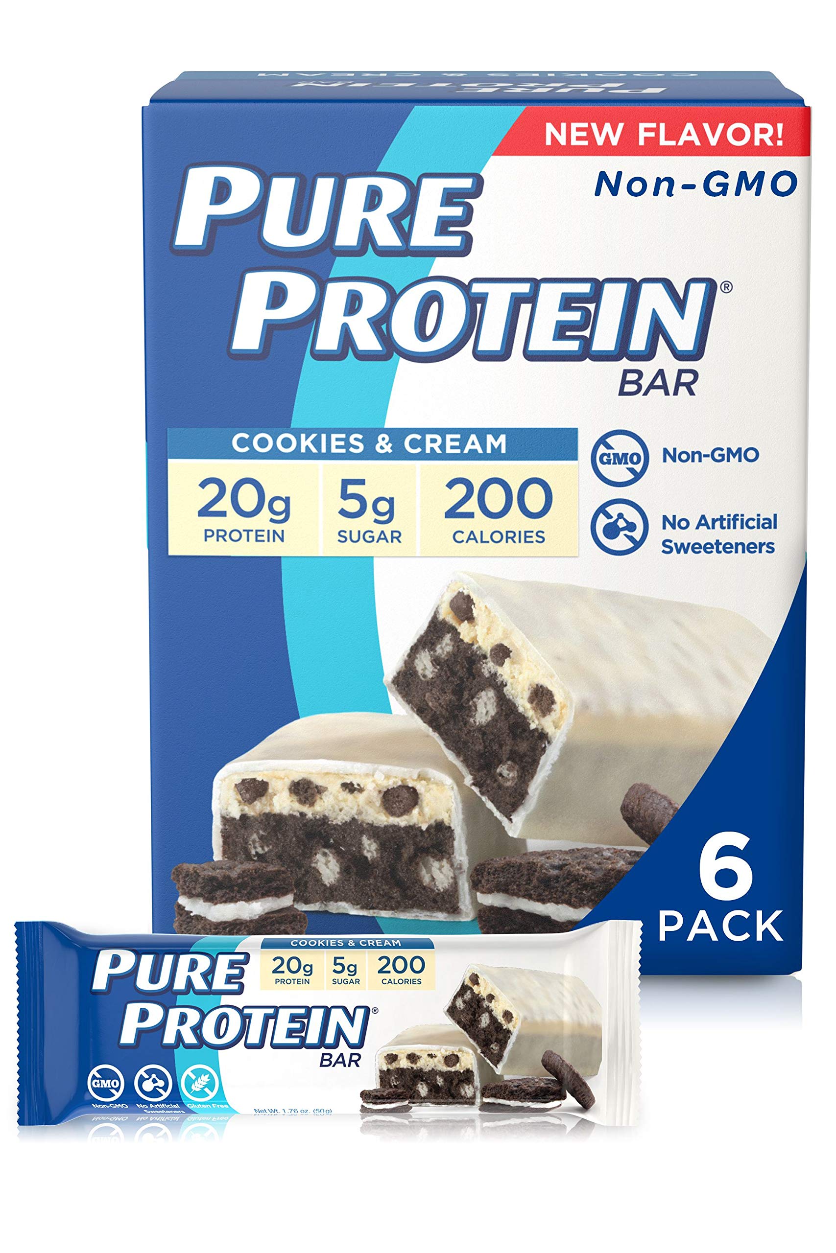 Pure Protein Bars - High Protein Nutritious Snacks for Energy & Muscle Recovery, Cookies & Cream Flavor, 6 Count (Pack of 3) - Perfect for Gym Workouts, Hiking & Healthy On-the-Go Snacking