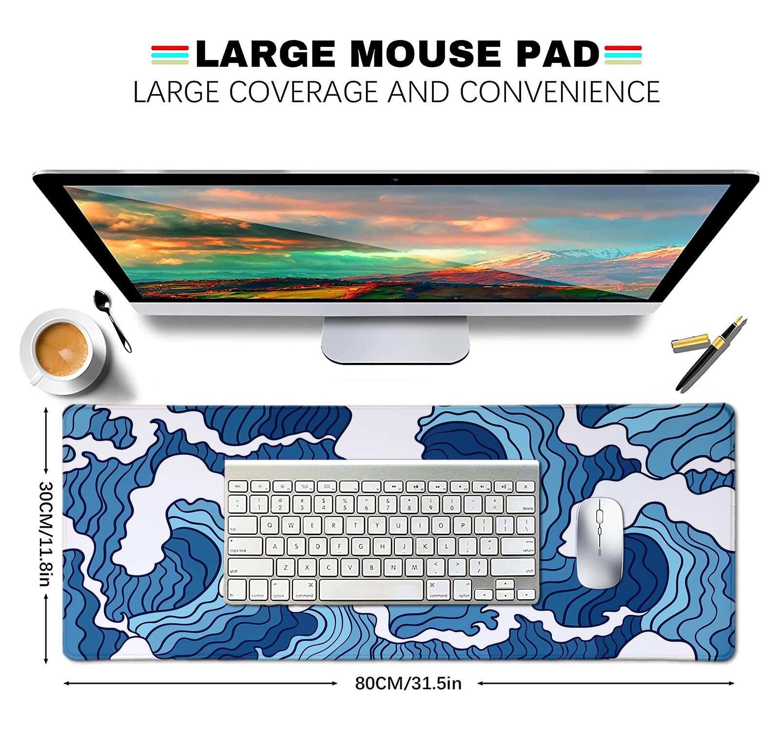 Japanese Blue and White Wave Design Large Mouse Pad - Non-Slip Rubber Base XL Gaming Mousepad - Extended Desk Mat with Stitched Edges for Office & Home Computer - Perfect for Work, Gaming, and Graphic Design - 31.5 x 11.8 Inches