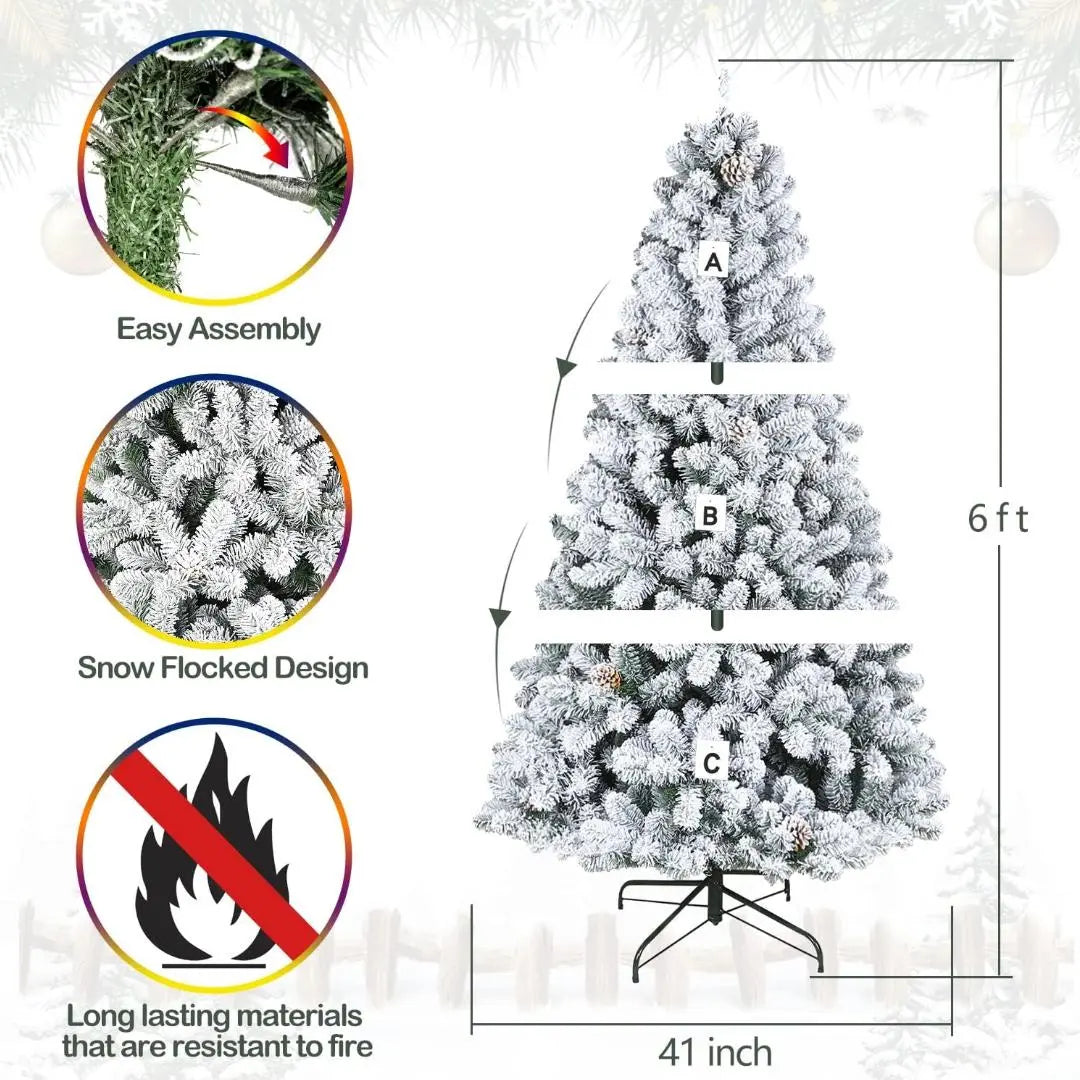 6.5'/7.5'/9' Flocked Artificial Christmas Tree with Pine Cones & Metal Stand - Hinged Branches for Easy Setup - Perfect for Living Room, Office, or Holiday Decorations
