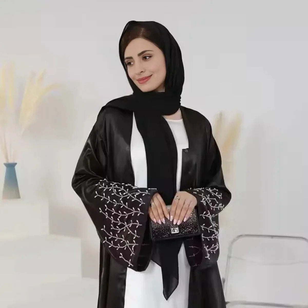 Elegant Hand-Beaded Muslim Women's Open Abaya Dress - Modest Islamic Prayer Dress for Eid, Ramadan & Special Occasions
