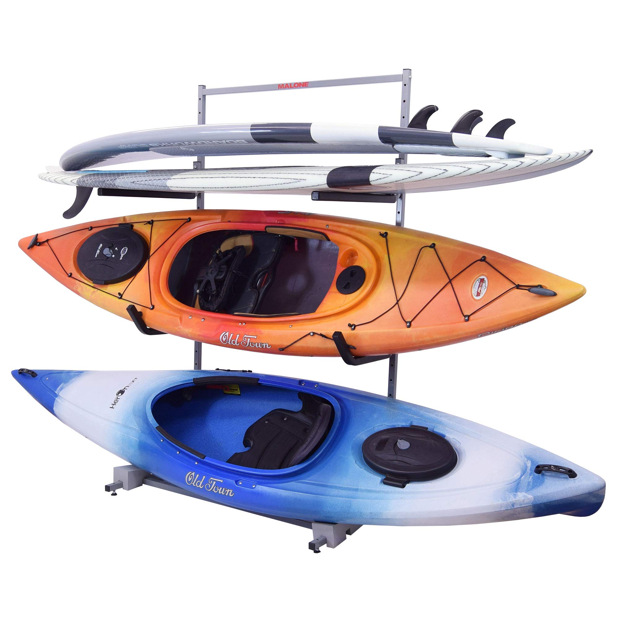 Malone 2 Kayak and 2 SUP Free Standing Storage Rack - Heavy Duty Kayak Stand for Secure Outdoor/Indoor Storage - Perfect for Garage, Backyard, or Dock Organization