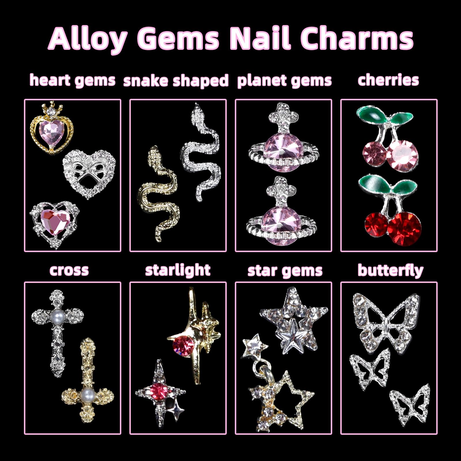 72 Pcs 3D Silver Nail Gems Charms - Butterfly, Star, Snake & Cross Nail Art Decorations for Acrylic Nails | Professional Nail Art Supplies with Pickup Tool | Perfect for DIY Manicures, Salon Nail Designs & Party Nail Art