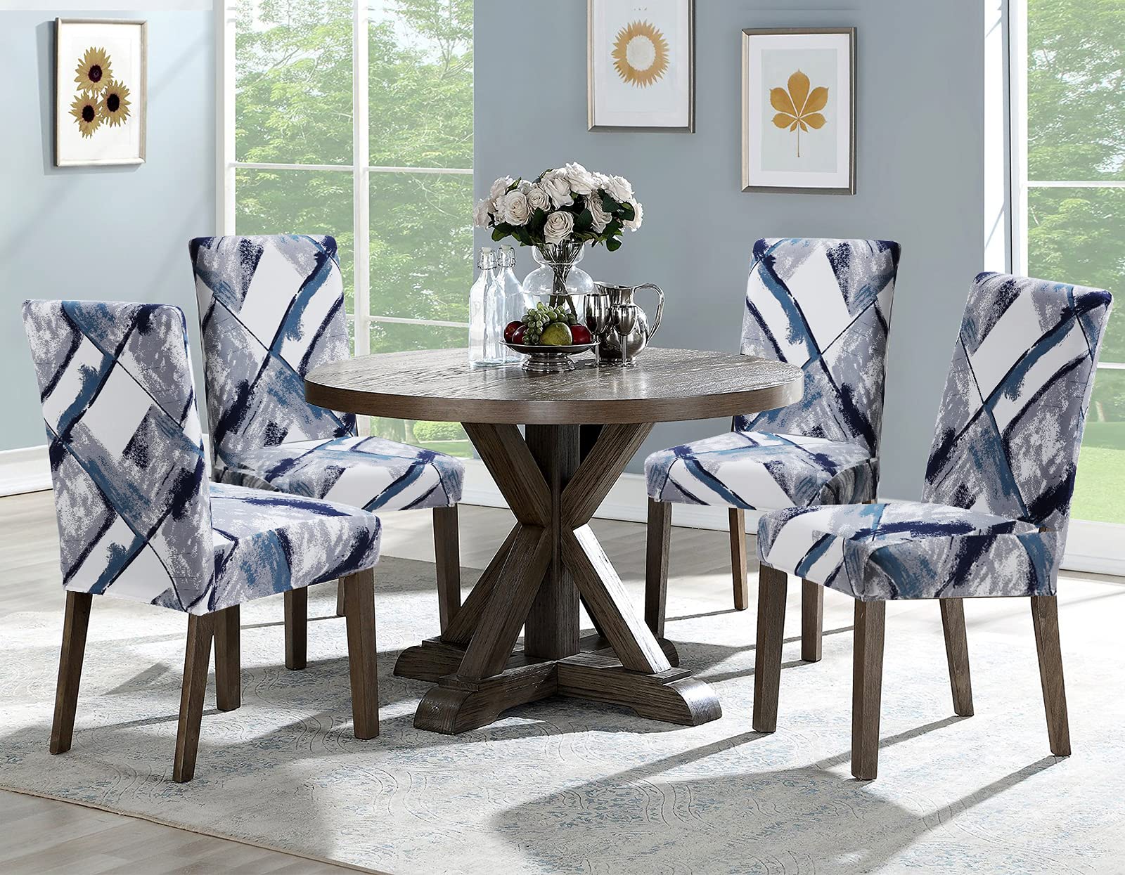 Stretch Spandex Dining Chair Covers - Washable & Removable Parson Chair Slipcovers for Kitchen, Dining Room & Office - Set of 4 (White/Gray) - Protects Chairs from Spills, Stains & Wear