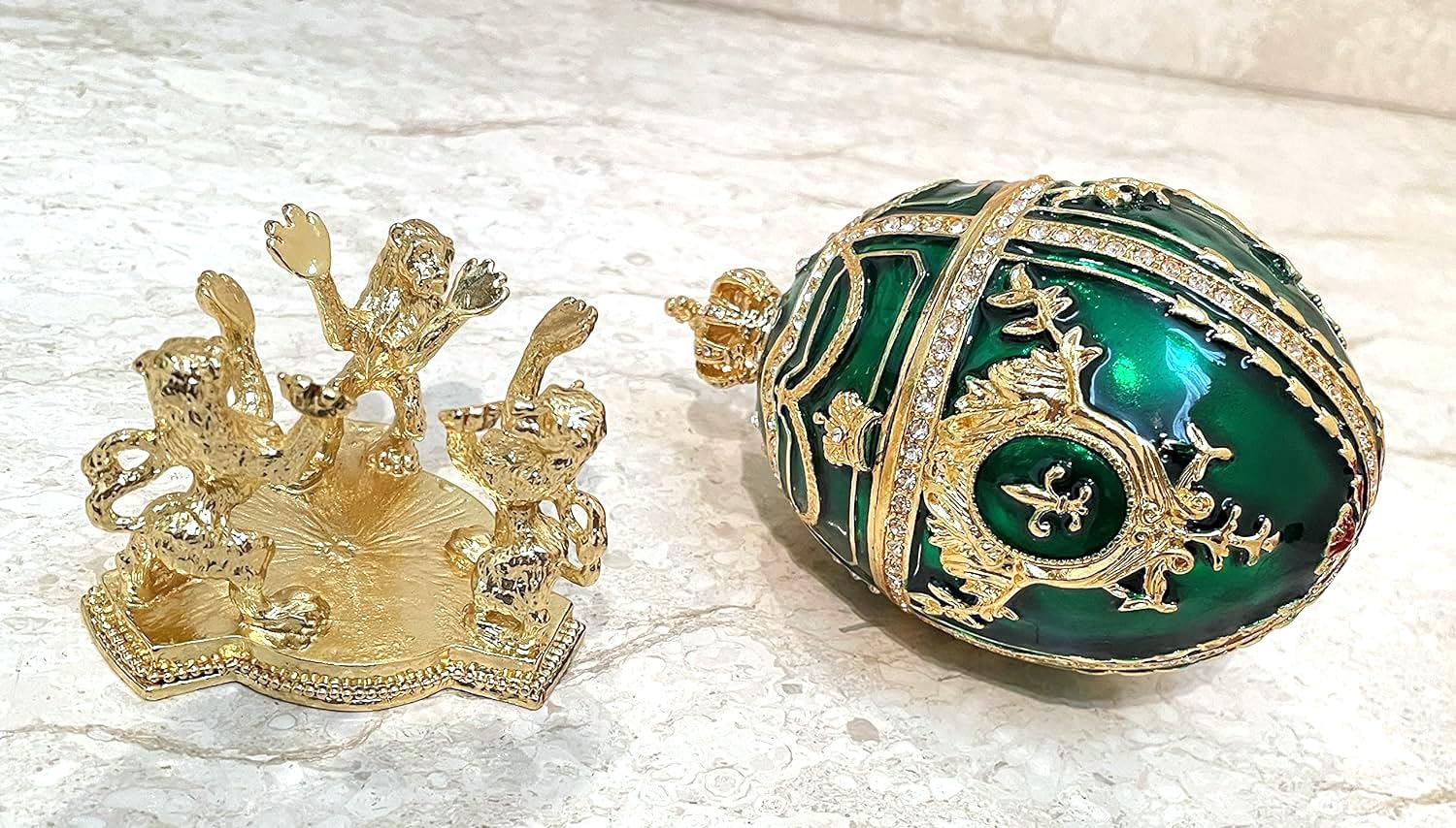 Handmade Fabergé Egg Pure Gold Decor 4ct - Russian Jewelry Box with 200 Austrian Crystal Diamonds & Gold Bracelet - Collector's Egg & Trinket - Women's Luxury Jewelry Gift (Emerald Green) | Perfect for Anniversary Gifts, Christmas Presents & Luxury Home Decor
