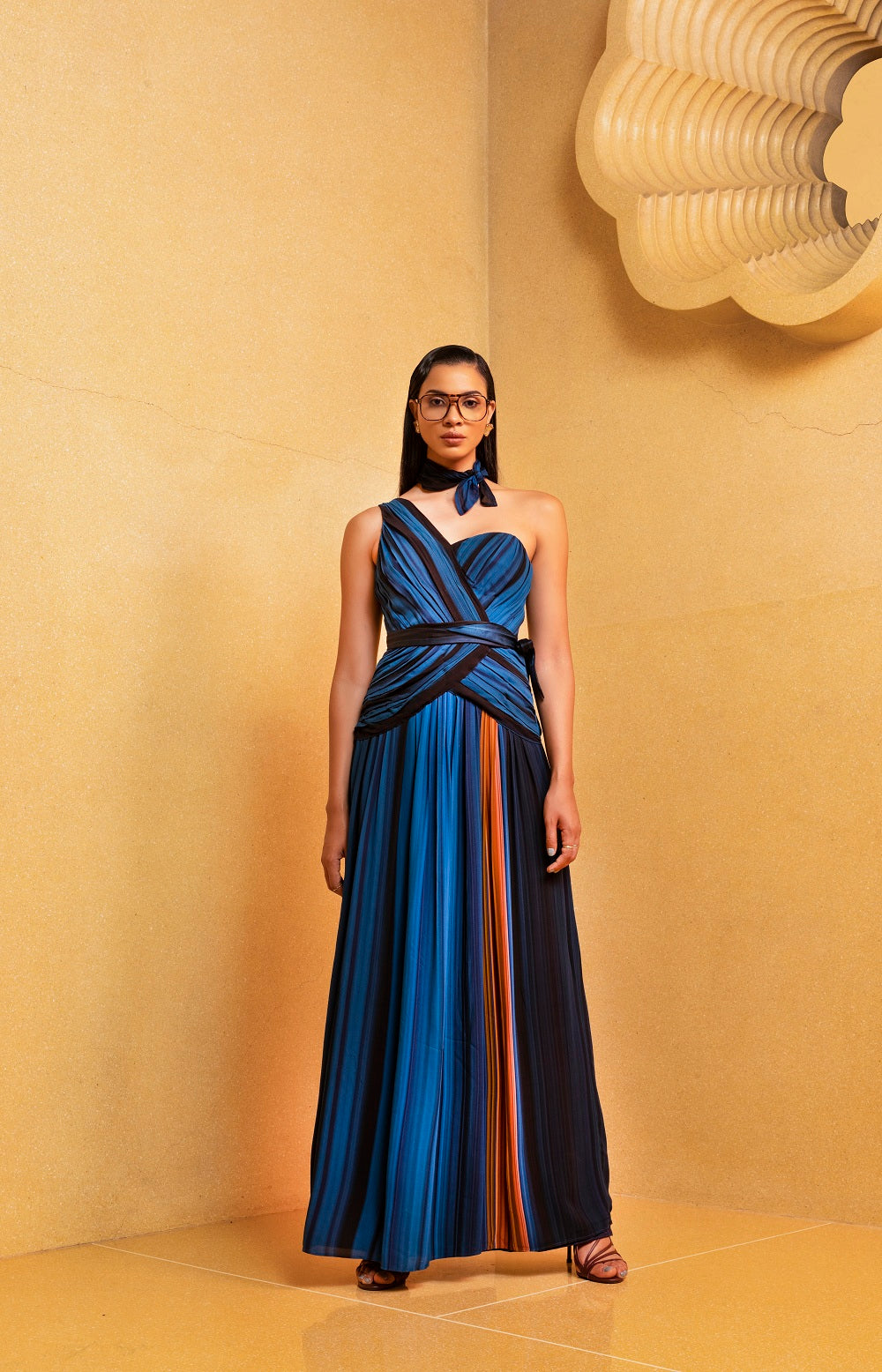 Elegant One Shoulder Pleated Dress with Midnight Stroke Print - Perfect for Evening Parties, Cocktail Events & Date Nights