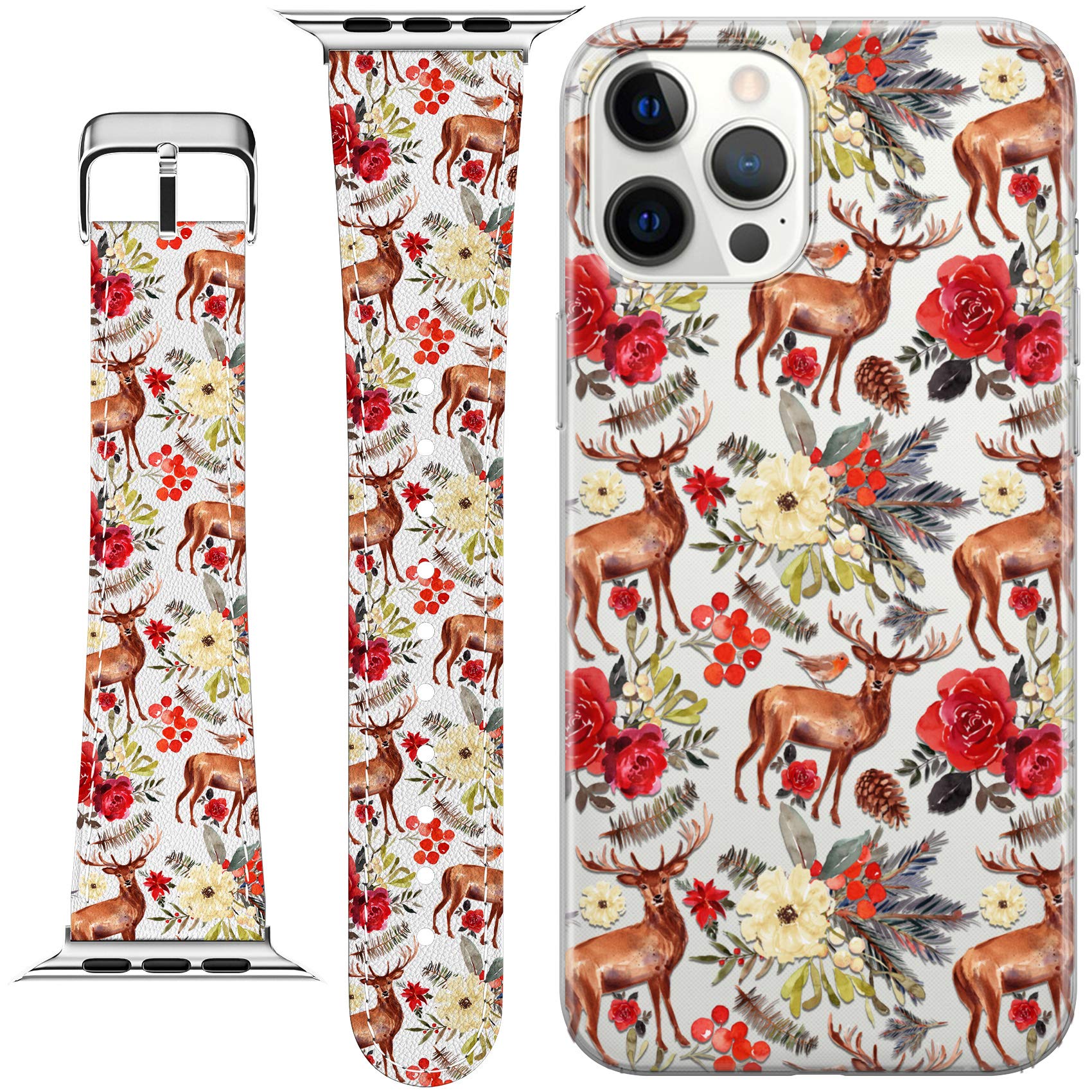 Apple Watch Bands Compatible with Series 7/6/5/4/3/2/1/SE (38-45mm) - Floral PU Leather Strap with Deer & Bloom Design + Matching Phone Case - Perfect for Workouts, Office & Casual Wear