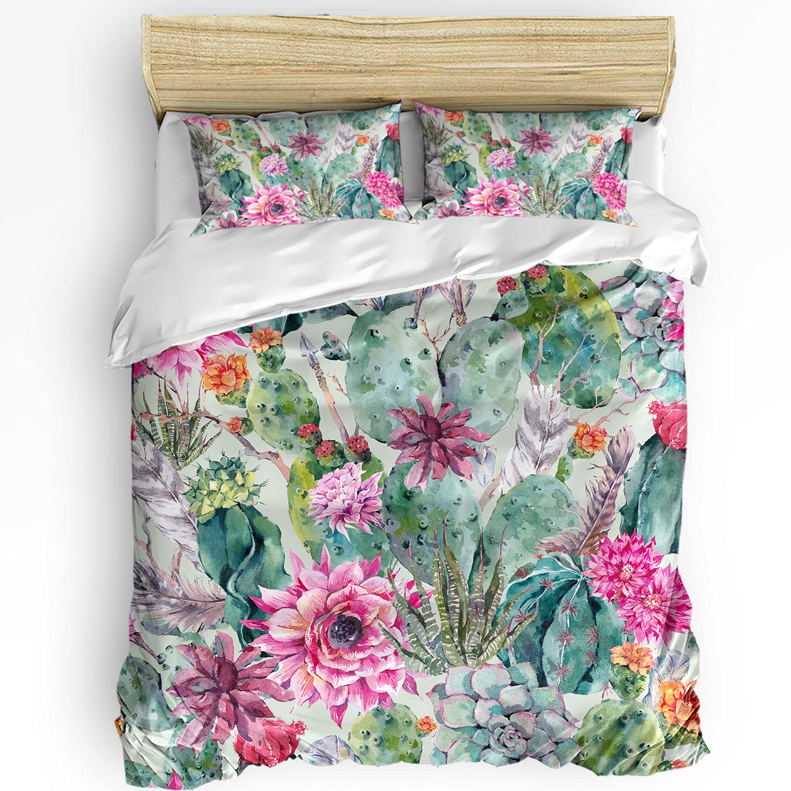 Watercolor Cactus Flower Duvet Cover Set Full Size - 3 Piece Bedding with 2 Pillow Shams, Lightweight Soft Comforter Cover for Bedroom, Home Decor, Guest Room & Dormitory