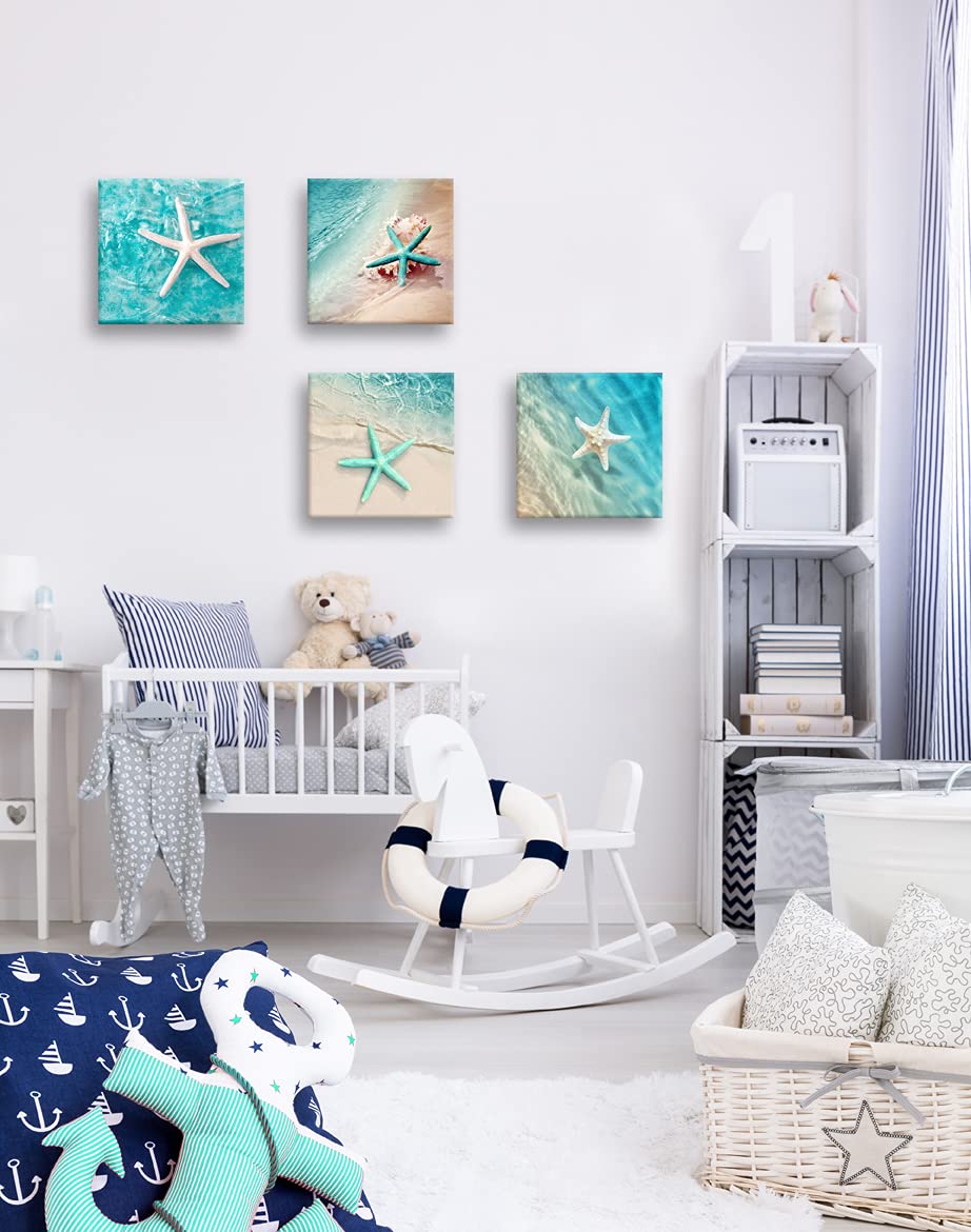 BQVCT Beach Green Starfish Canvas Wall Art - 12x12 Inch x4 Panels, Ready to Hang Bathroom & Home Decor, Natural Beach Pictures for Coastal Living Room & Bedroom Decorations
