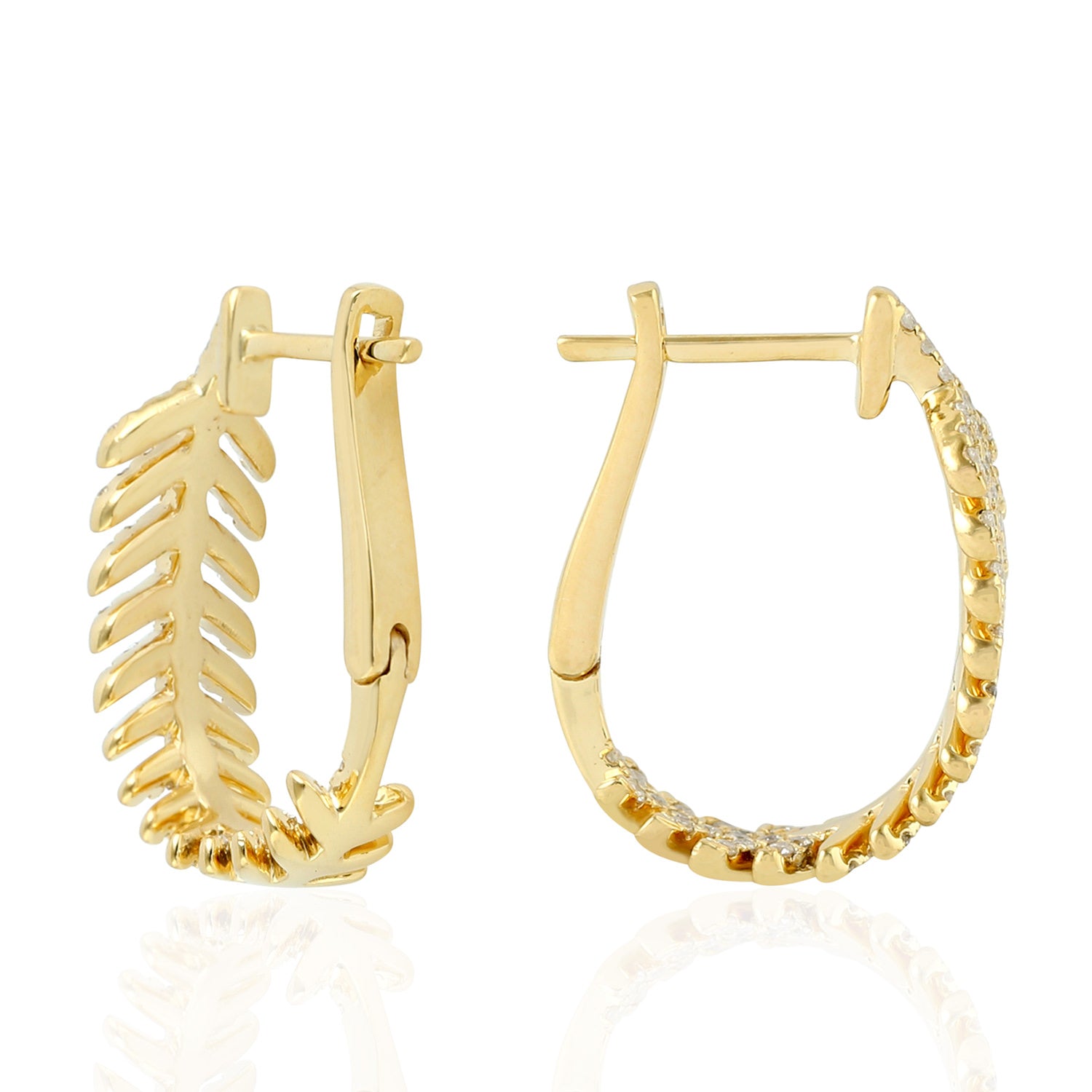 18K Yellow Gold Micro Pave Diamond Leaf Design Hoop Earrings for Women - Elegant Everyday Jewelry & Special Occasion Gift