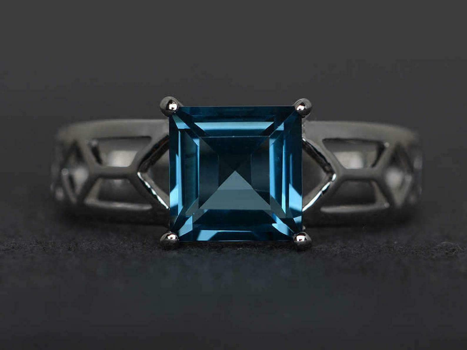 2ct Asscher Cut London Blue Topaz Solitaire Ring - White Gold Plated Split Shank for Women | Elegant Engagement, Anniversary & Gift Jewelry for Special Occasions
