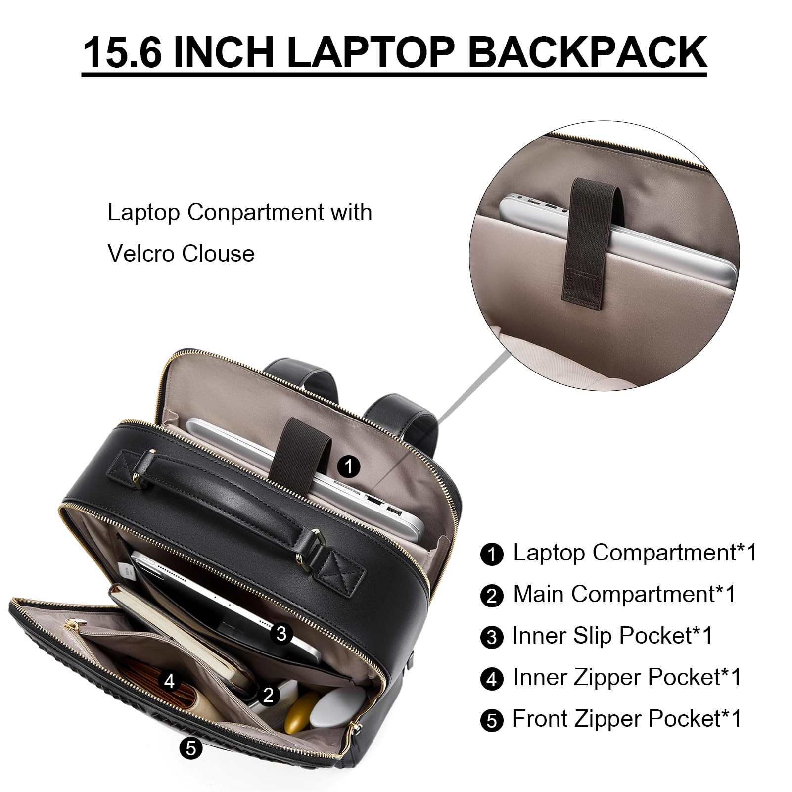 BOSTANTEN 15.6 Inch Leather Laptop Backpack - Waterproof Travel Business Backpack for Men & Women with USB Charging Port & Trolley Sleeve - Perfect for Work, College, Commuting & Airplane Carry-On (Black)