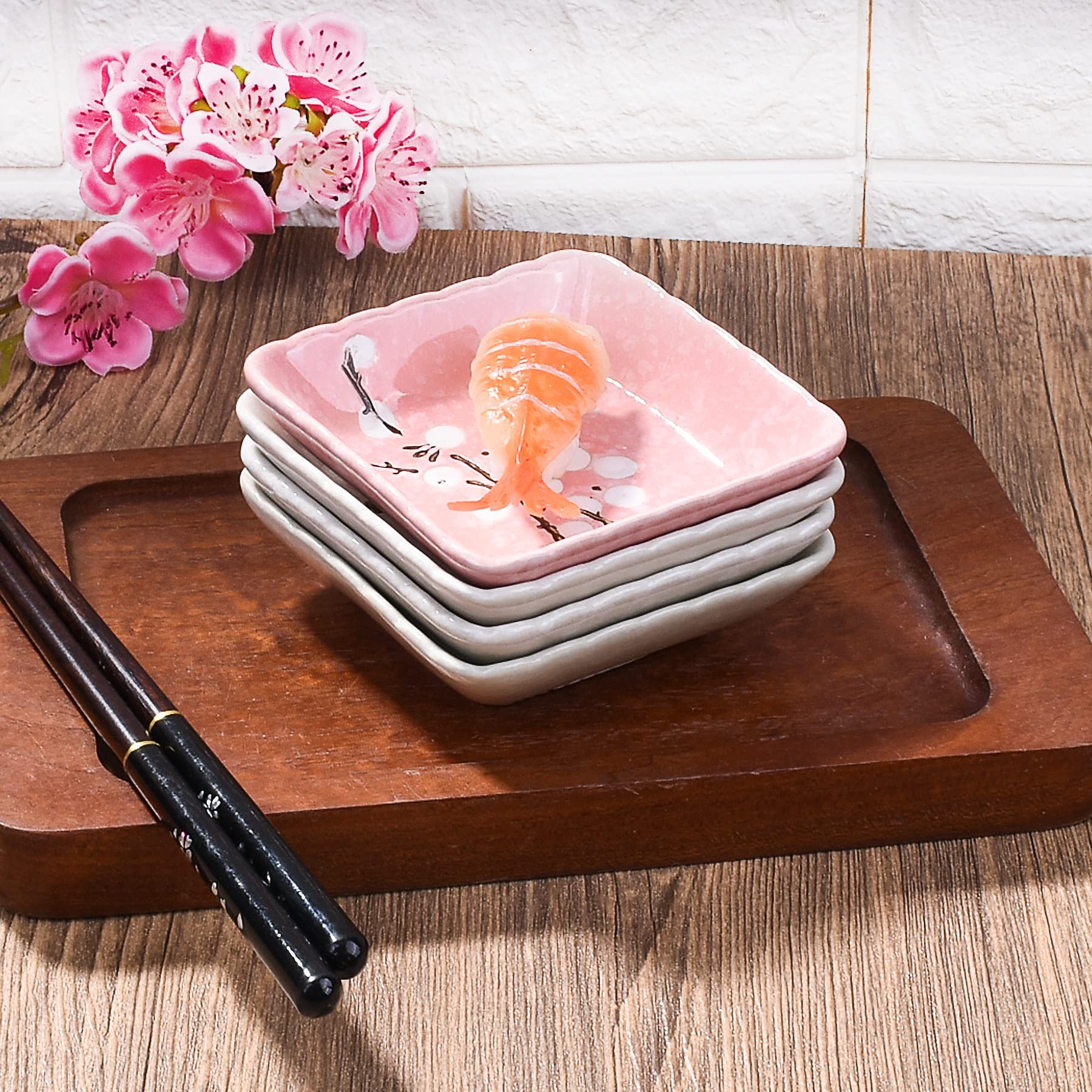 Japanese Ceramic Sauce Dish Set of 4 - Square Soy Sauce Dish for Sushi, BBQ, Dipping Sauces - Microwave & Dishwasher Safe - Perfect for Restaurants, Home Dining, and Party Platters