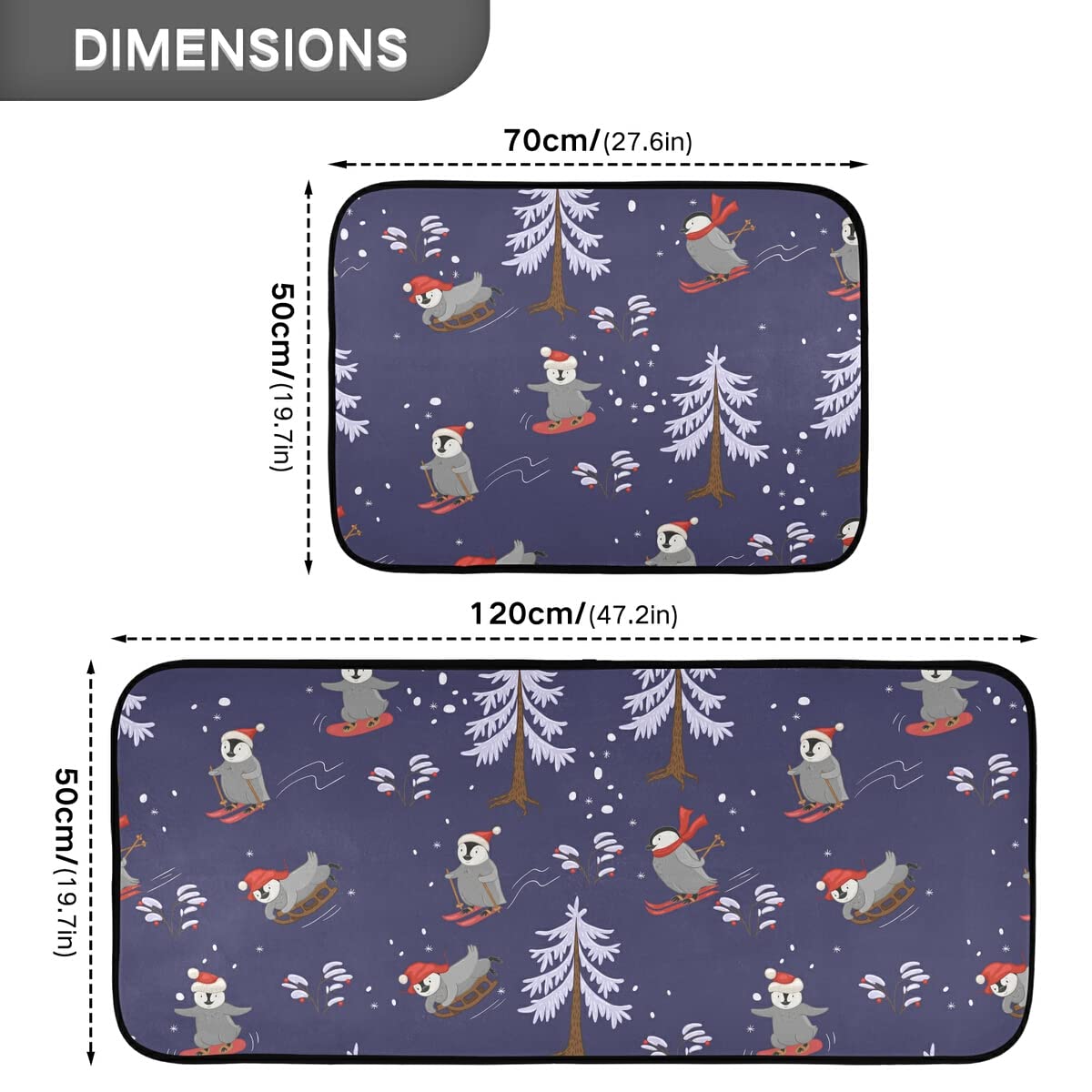 Cute Penguins Non-Slip Kitchen Rugs Set of 2 - Washable Christmas Skiers Design Runner Mats for Kitchen Floor, Home Sink, Laundry & Office - Perfect for Holiday Decor & Winter Home Safety
